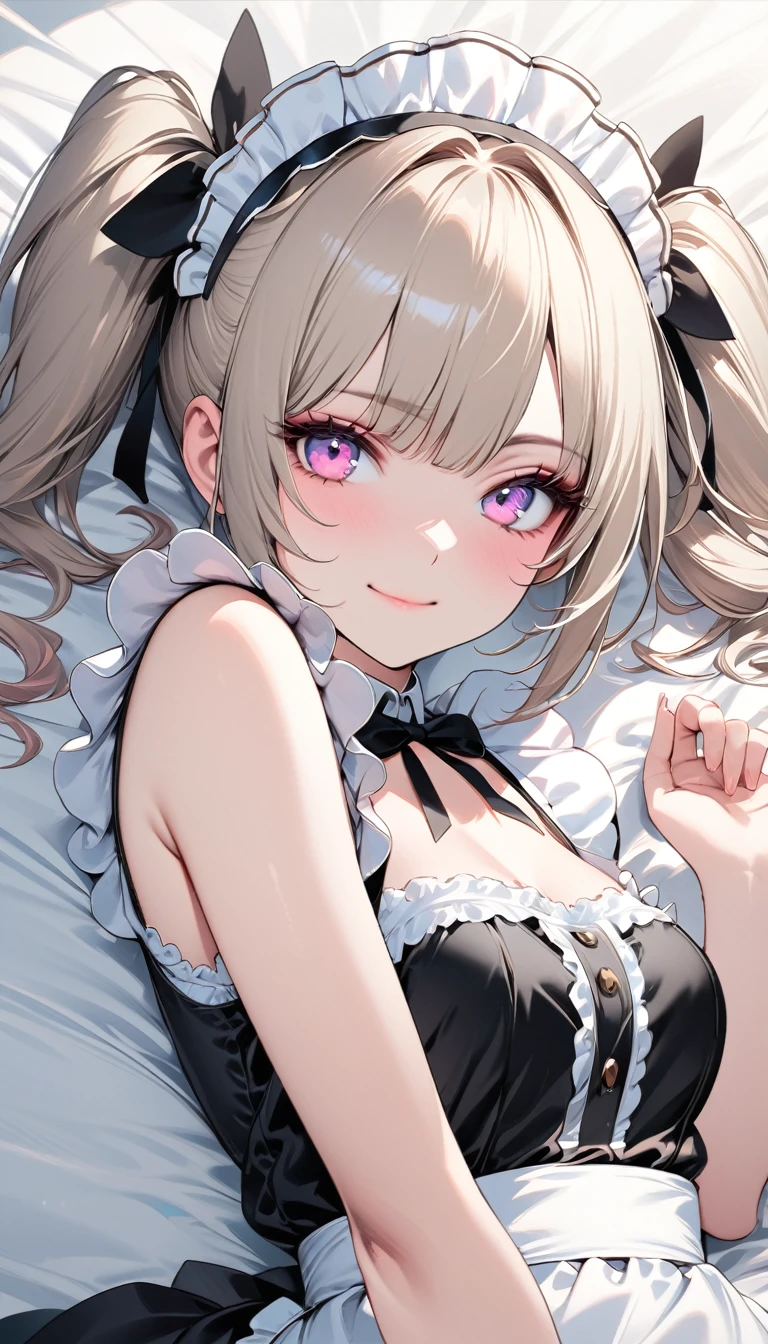 Blonde twin-tailed maid girl,((masterpiece )), (highest quality), (highest quality), ((Super detailed, 8K quality)), aesthetics, Volumetric lighting, (Detailed line drawing), break, Very detailed (Fairy), (One girl), Perfect Face, Details, Double Pigtails, Blunt bangs, (Hair between the eyes), Gray Hair, blue eyes, eyelash, eye shadow, pink eye shadow, A light smile, Design art by Artgerm, Kawashi, by Yoshitaka Amano, break, Portraiture, French maid dressed in French maid uniform, (((Poses that show the whole body))),Lying in bed