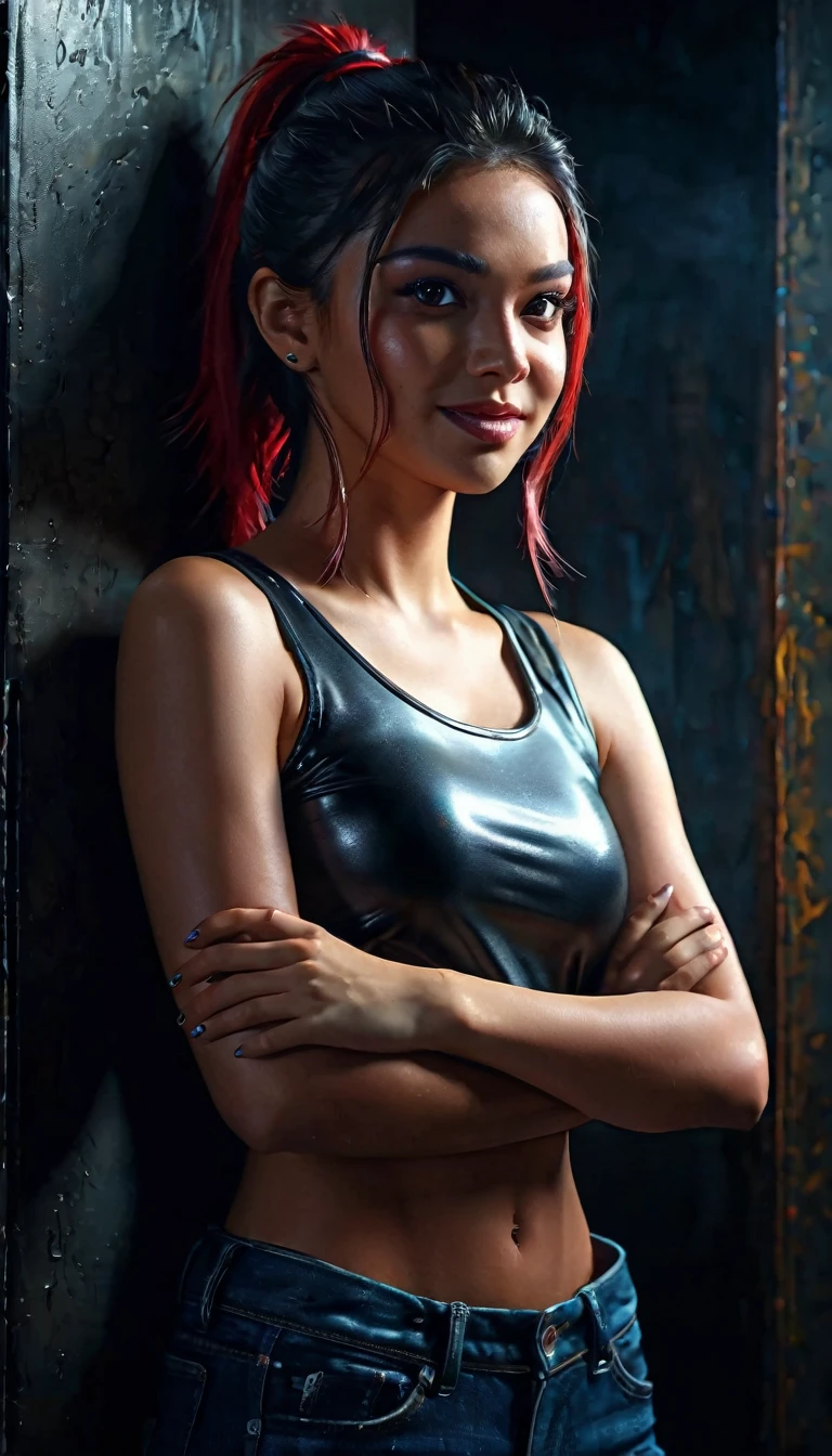 Full body shot, a mean girl with crossed arms on her chest, detailed feisty face, malicious expression, mischievous smile, the devil himself is afraid of her, realistic digital painting, ultra-detailed, 8k, photorealistic, professional, vivid colors, strong lighting, dramatic atmosphere, moody lighting, dynamic pose, high contrast, sharp focus, impactful composition