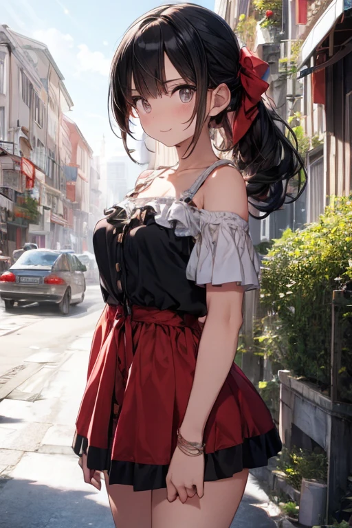 beautiful hair, beautiful face, beautiful detailed eyes, beautiful clavicle, beautiful body, beautiful chest, beautiful thigh, beautiful legs, beautiful fingers, off-shoulder red dress, sleeveless black, brown tight mini skirt, ), emerald green hair ribbon), (beautiful scenery), morning, (street), standing, upper eyes, (with sparkling eyes and a contagious smile:1.2),looking at Viewer