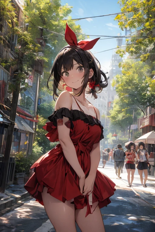 beautiful hair, beautiful face, beautiful detailed eyes, beautiful clavicle, beautiful body, beautiful chest, beautiful thigh, beautiful legs, beautiful fingers, off-shoulder red dress, sleeveless black, brown tight mini skirt, ), emerald green hair ribbon), (beautiful scenery), morning, (street), standing, upper eyes, (with sparkling eyes and a contagious smile:1.2),looking at Viewer