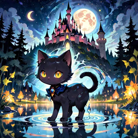 black cat, alone,  witch, have, cape, black short hair, long tail, jewelry, gem, shine effect, decorations, walking on water, re...