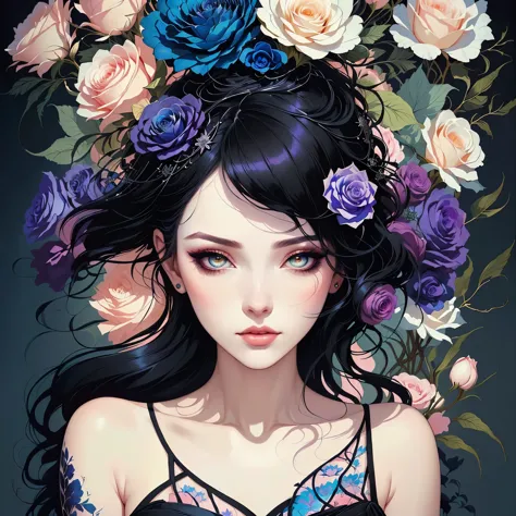 a painting of a woman with a black dress and flowers, inspired by Kelly McKernan, inspired by Harumi Hironaka, inspired by Sandr...