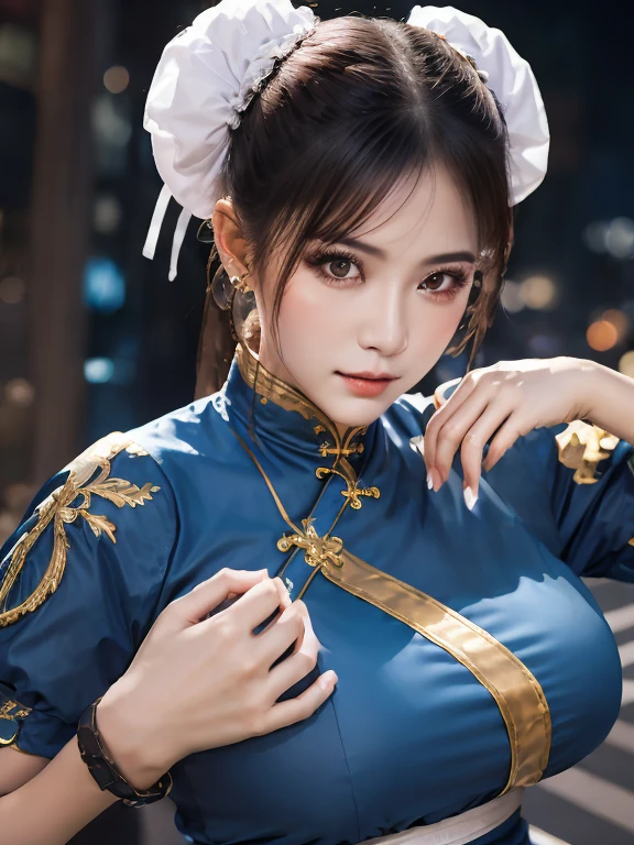 de la máxima calidad, 8K, ultra detallado, Fotorrealista, Hermoso rostro, Una chica、solo、Chun Li、Parte superior del cuerpo、Fondo hermoso de la ciudad de noche, una cara afilada