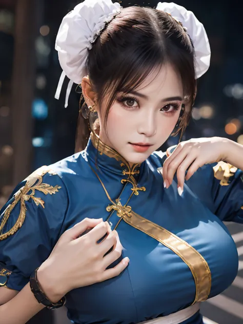 highest quality, 8k, Ultra-detailed, Photorealistic, Beautiful Face, One Girl、solo、Chunli、Upper body、Beautiful night city backgr...