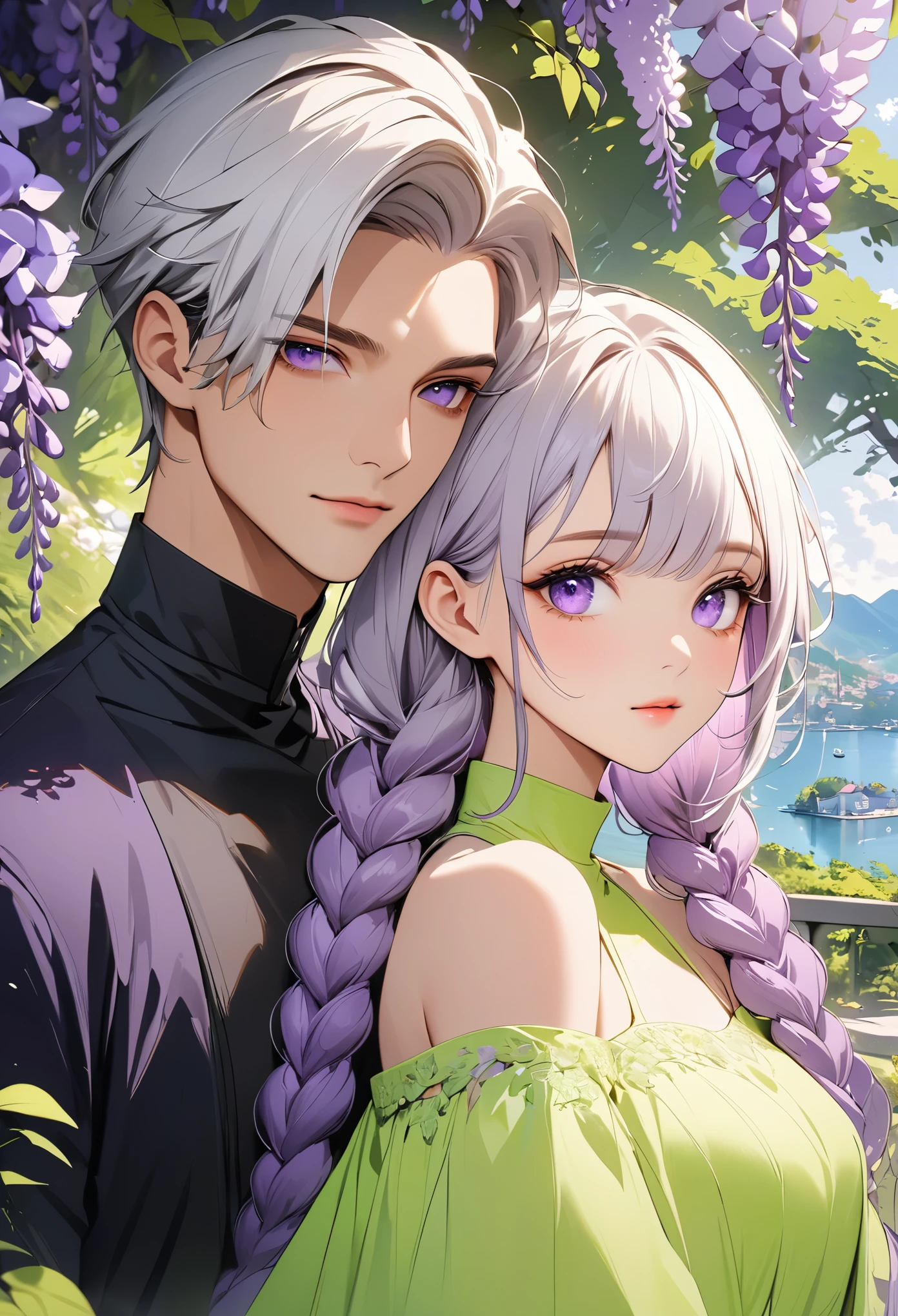 (masterpiece, best quality:1.2), handsome boy and beautiful girl，Purple Eyes，Bright Eyes，Eye details，White hair - 2 long - purple braids，High Neck Off Shoulder Dress，Purple lavender，Wisteria rose，Beautiful scenery，Fluorescent purple and fluorescent green
