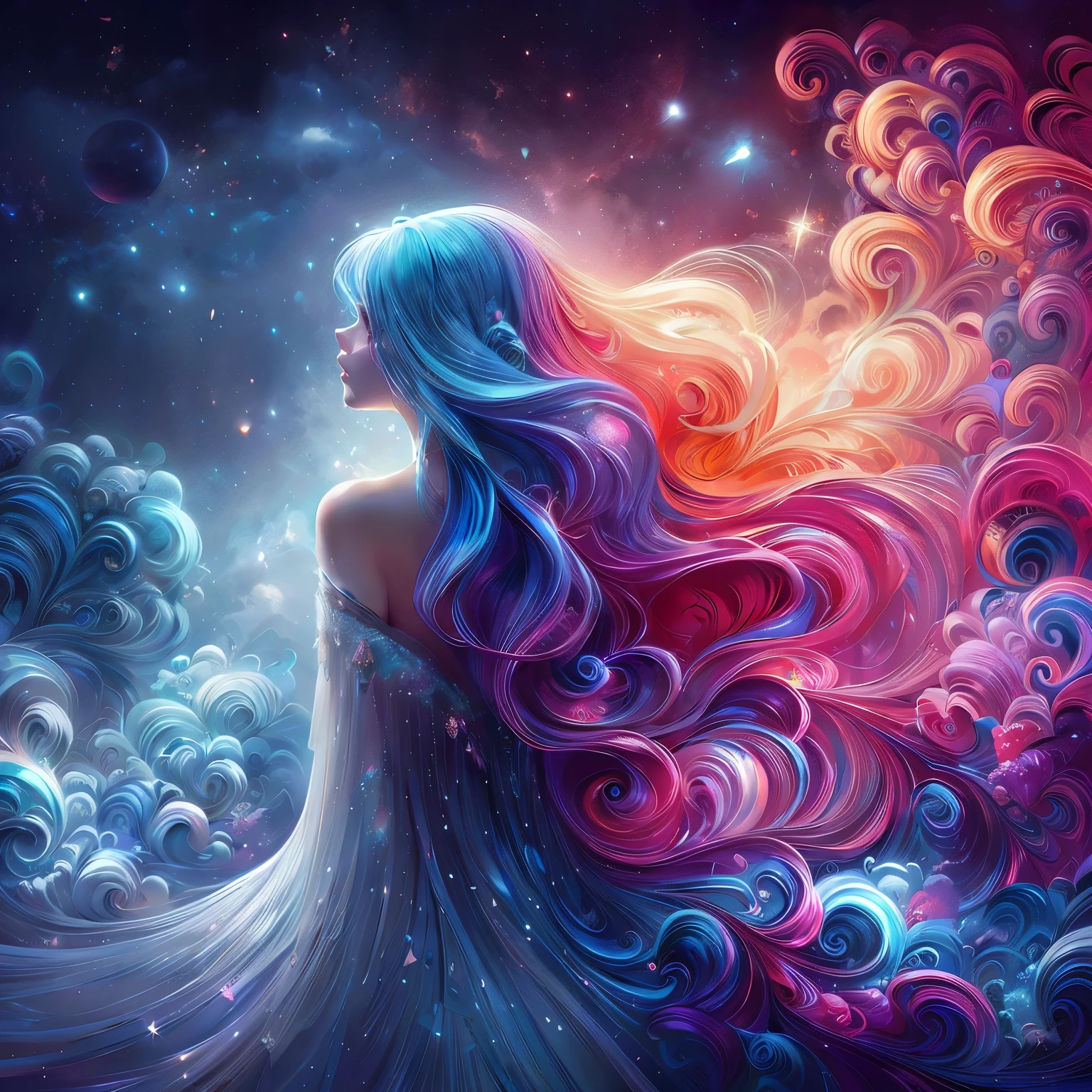 （tmasterpiece，top-quality，best qualityer，，offcial art，Beauty and aesthetics：1.2），（1girll：1.3），（s fractal art：1.3），The upper part of the body，Elegant dress，seen from the side，looking at viewert，（rainbow colour hair，The color hair，Half blue and half pink hair：1.2），Eau，liquids，​​clouds，Colorful，Starry，As estrelas，