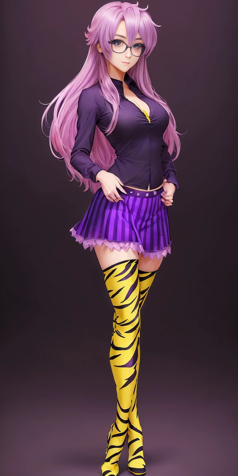 ((Masterpiece, plain background:1,2, masterpiece)) full body standing yellow tiger print stockings, hands on waist, navel (Miyuki Takara) (purple eyes:1.5) pink hair, hair between eyes, long messy hair, glasses