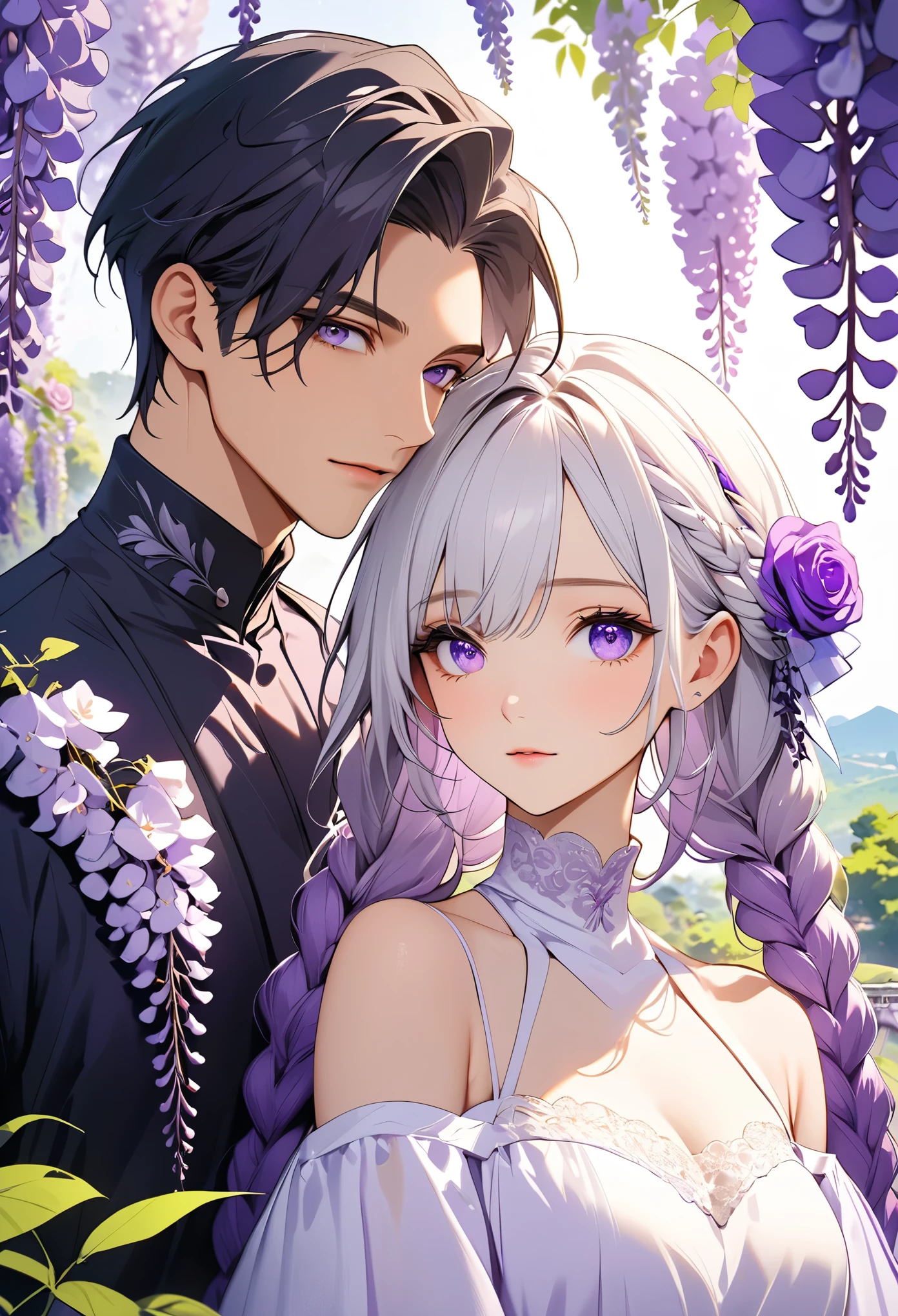 (masterpiece, best quality:1.2), handsome boy and beautiful girl，Purple Eyes，Bright Eyes，Eye details，White hair - 2 long - purple braids，High Neck Off Shoulder Dress，Purple lavender，Wisteria rose，Beautiful scenery，Fluorescent purple and fluorescent green
