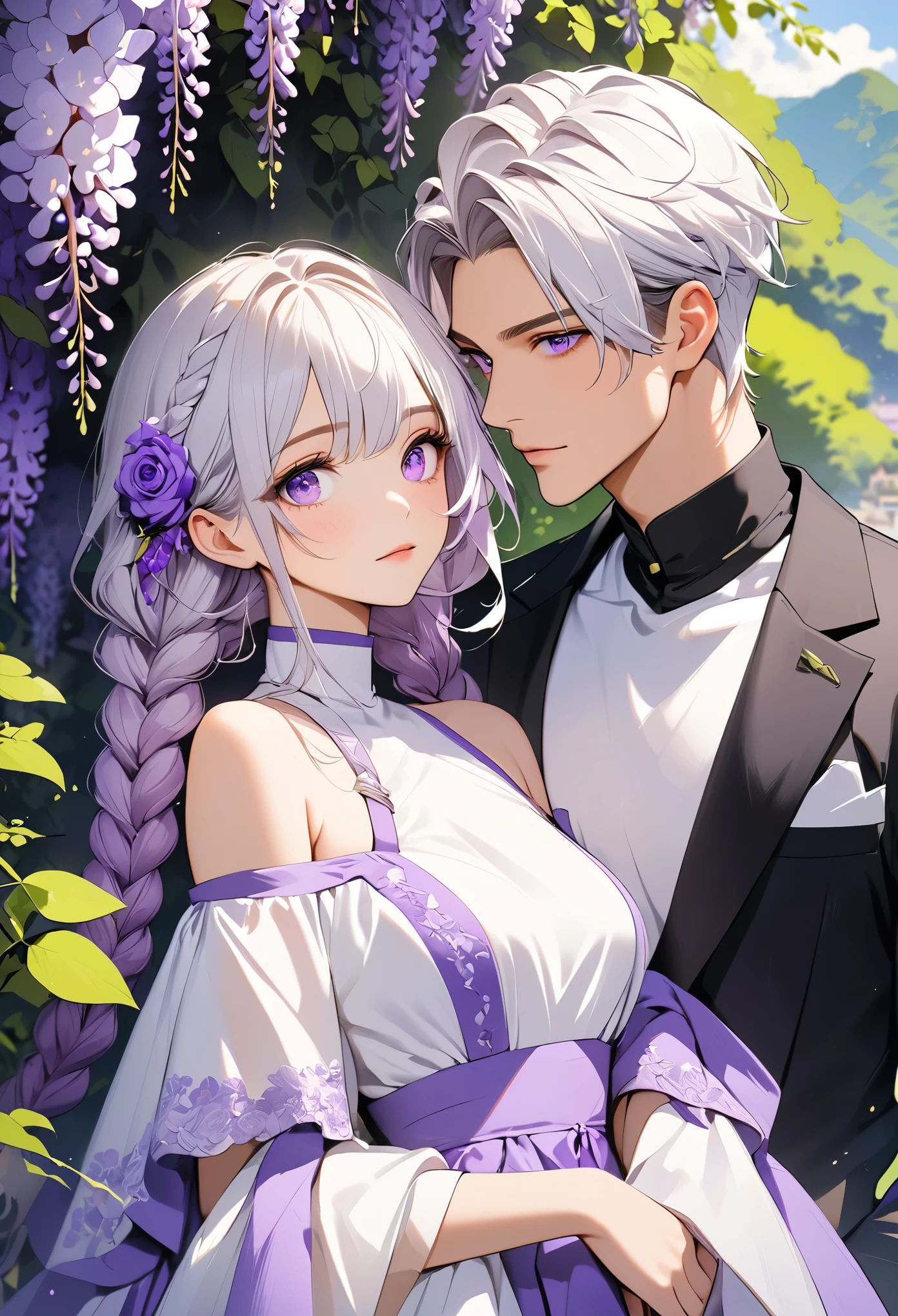 (masterpiece, best quality:1.2), handsome boy and beautiful girl，Purple Eyes，Bright Eyes，Eye details，White hair - 2 long - purple braids，High Neck Off Shoulder Dress，Purple lavender，Wisteria rose，Beautiful scenery，Fluorescent purple and fluorescent green
