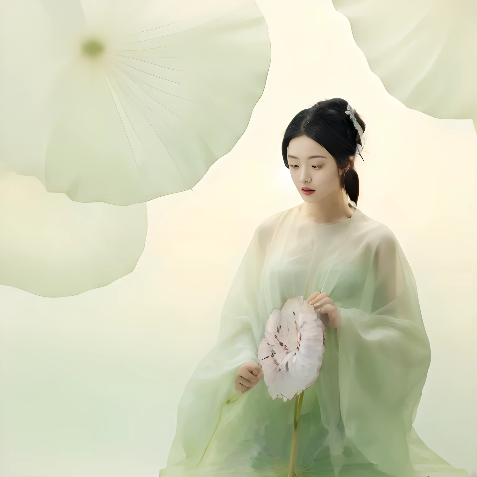 A girl，solo，Giant lotus leaf，Black Hair，dress，Looking at the audience，White skirt，Hair Bun，Sitting，单Hair Bun，Leaves，Long sleeve，Red lips，Realism。