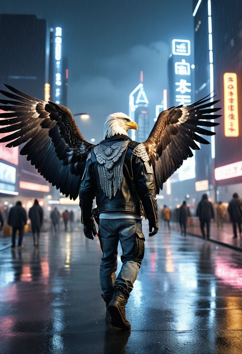 Hyperrealistic RAW analog photo of an eagle (eagle:1.1) (man:0.9) Wearing cyberpunk clothing, 2 chicken wings, Guitar in hand, Walking through the future Internet city on a rainy night, full moon in sky, Star,|(Clear focus, Ultra Detailed, Highly complex, Unbiased physically based rendering:1.10), Natural Lighting, Extremely high-resolution details, photography, Realism is pushed to the extreme, fine texture, Lifelike, Movie, 35mm Film, 35mm photography, , Photo realism, Digital SLR Camera, 8K Ultra HD, HDR, Extremely detailed, high quality, [[skin]]