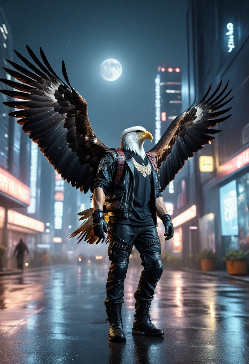 Hyperrealistic RAW analog photo of an eagle (eagle:1.1) (man:0.9) Wearing cyberpunk clothing, 2 chicken wings, Guitar in hand, Walking through the future Internet city on a rainy night, full moon in sky, Star,|(Clear focus, Ultra Detailed, Highly complex, Unbiased physically based rendering:1.10), Natural Lighting, Extremely high-resolution details, photography, Realism is pushed to the extreme, fine texture, Lifelike, Movie, 35mm Film, 35mm photography, , Photo realism, Digital SLR Camera, 8K Ultra HD, HDR, Extremely detailed, high quality, [[skin]]