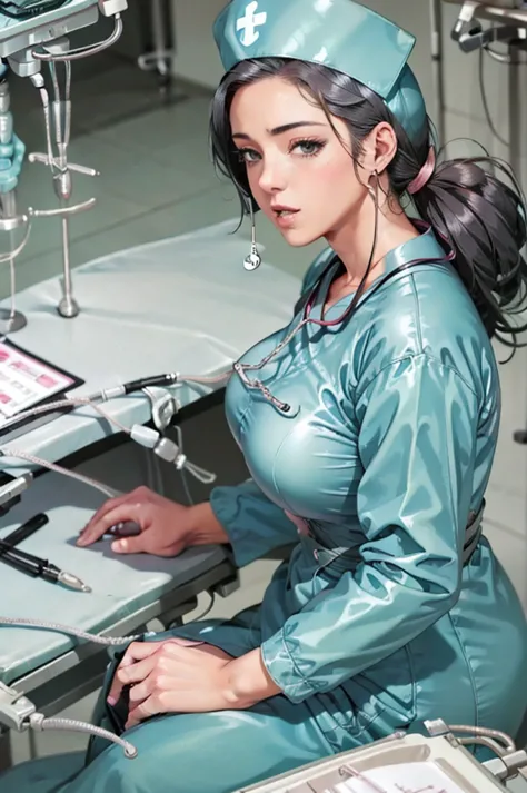 nurse uniform,hospital, latex nurse suit,nurses,busty,elbow gloves,labcoat,black hair woman,grey eyes , gigantic ,medical instru...