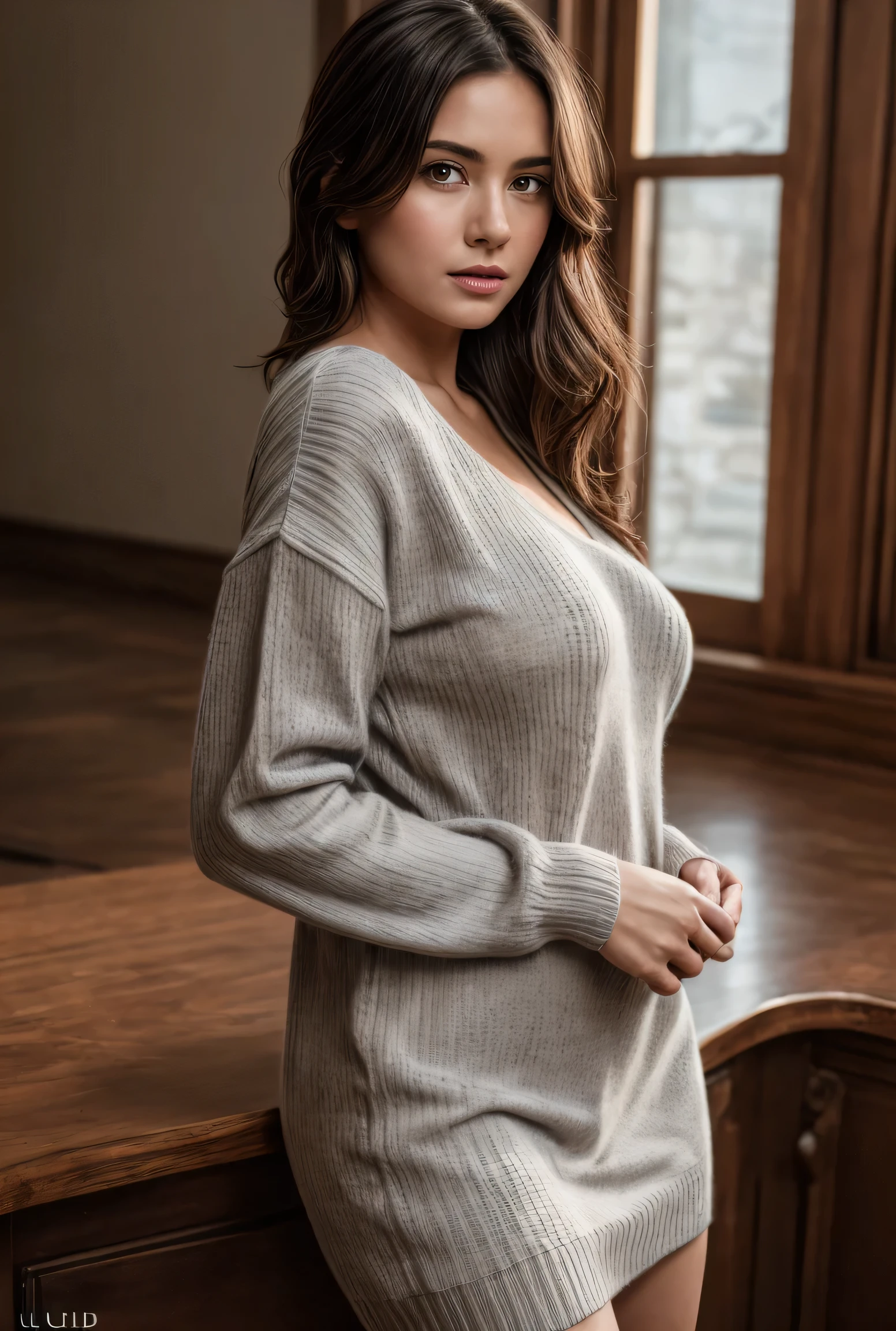 (masterpiece, realistic, best quality, ultra detailed), intricate, professional photography, HDR, High Dynamic Range, (8k UHD), RAW photo, dslr, realistic LUT, cinematic LUT, perfect lighting, professional lighting, cinematic lighting, cinematic shadows, iridescent lighting, sweater dress, virgin killer sweater, 1girl, solo, tiny_breasts, looking at viewer,