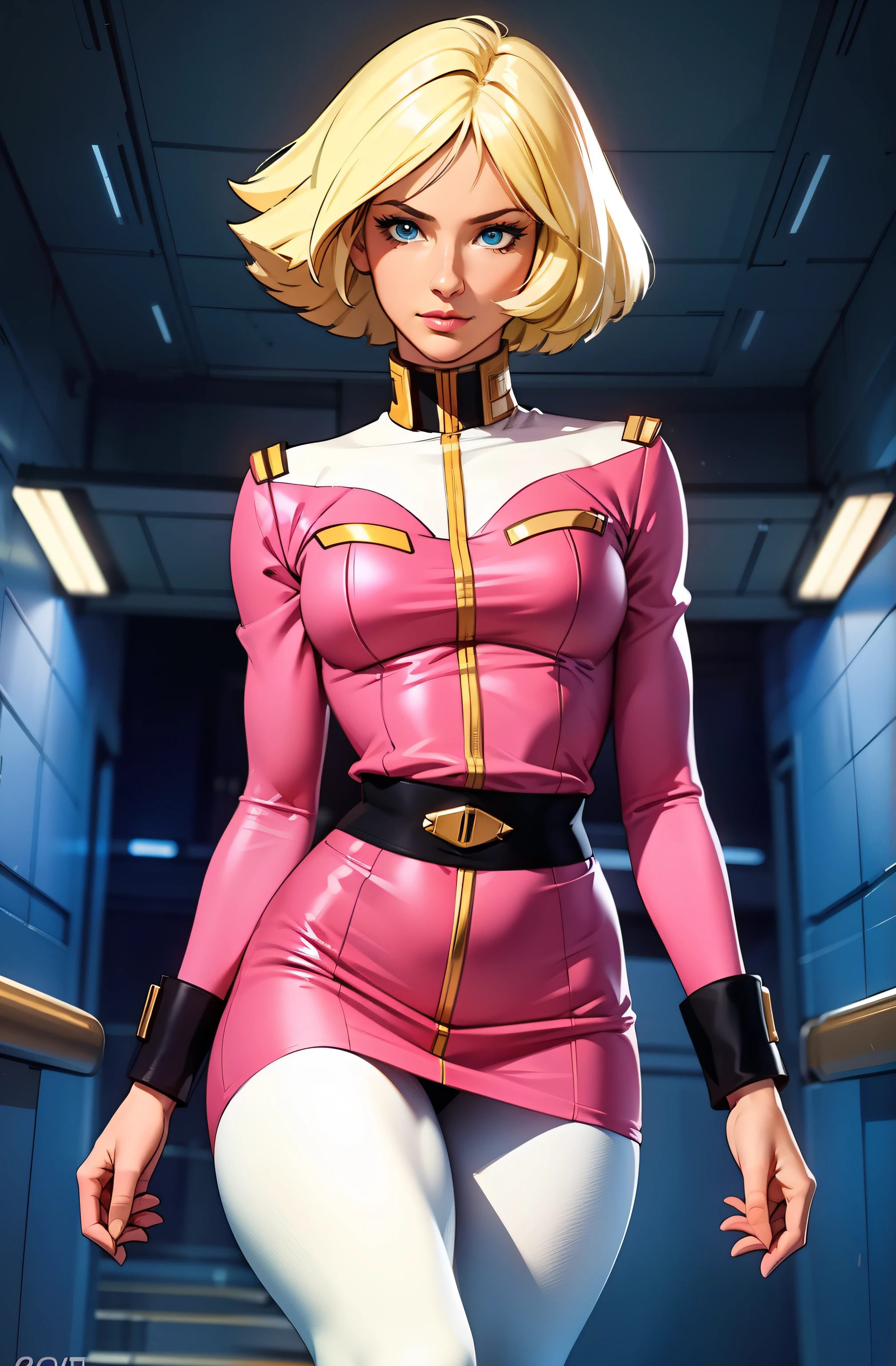 ((masterpiece)), ((cinematic lighting)), realistic photo、Real Images、Top image quality、1girl in, sayla mass, Elegant, masterpiece, Convoluted, slim arms, wide hips, thick thighs, thigh gaps, Best Quality, absurderes, high face detail, Perfect eyes, mature, Cowboy Shot, , Vibrant colors, soft pink uniform, soft pink Skirt, white tights