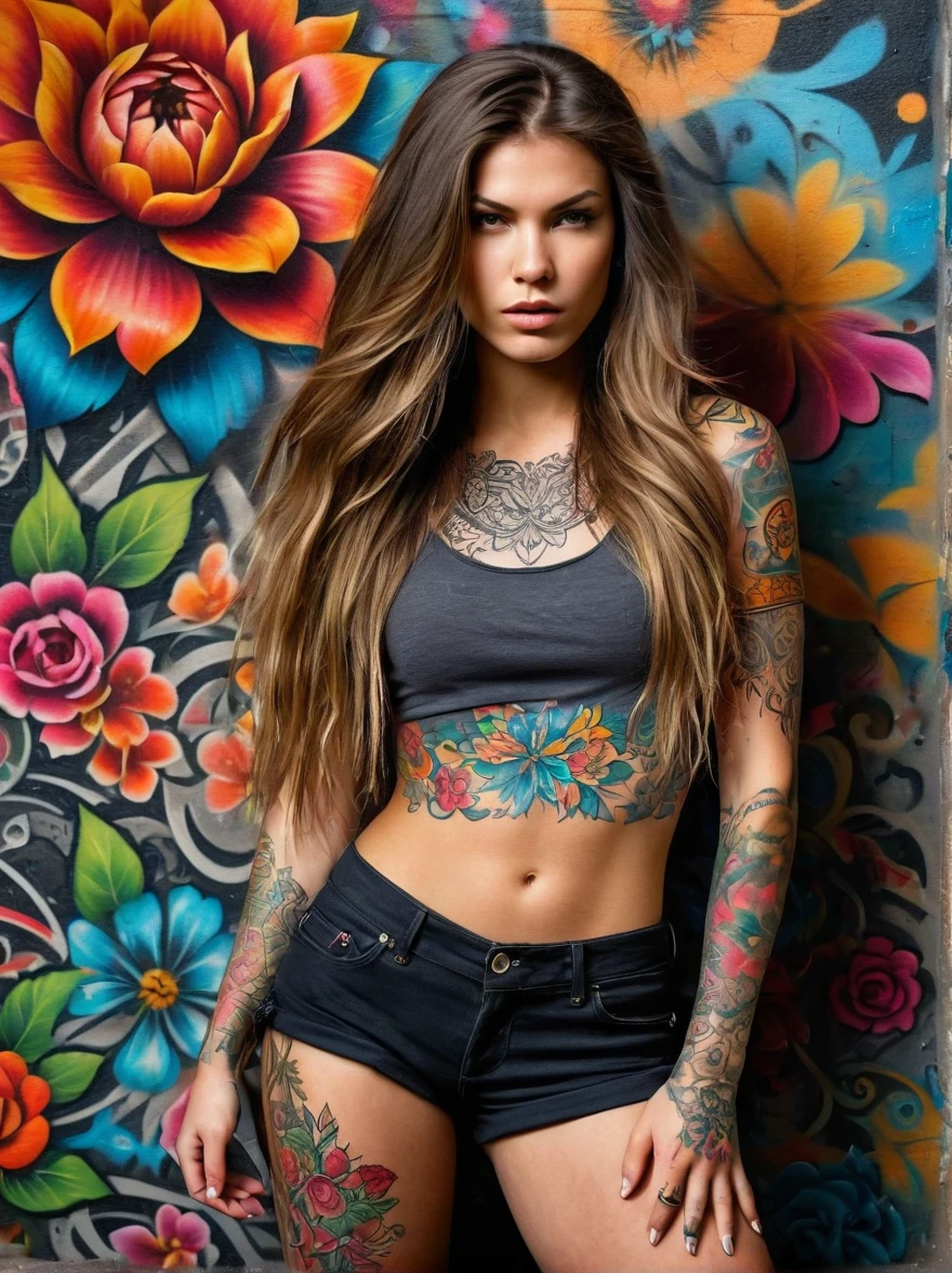 (Rebellious European girl)，Brightly colored tattoos on arms and legiddle finger raised:1.3)，Provocative gestures，Flowing long hair，Arrogant expression is bold and brighhould be surrounded by intricate，Detailed flowers and mandalas，Anatomically correct, Textured Skin, Standing in front of a graffiti style background，Add whimsy to the scene, To enhance the sharpness and modernity of the scene，Sharp lines，Bold brushstroke numbers