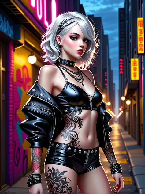 Punk style, Fantasy Gothic, 1girl, Curly white hair，Draped over the shoulders，Silver eyes reflecting the moonlight，Fascinating，W...