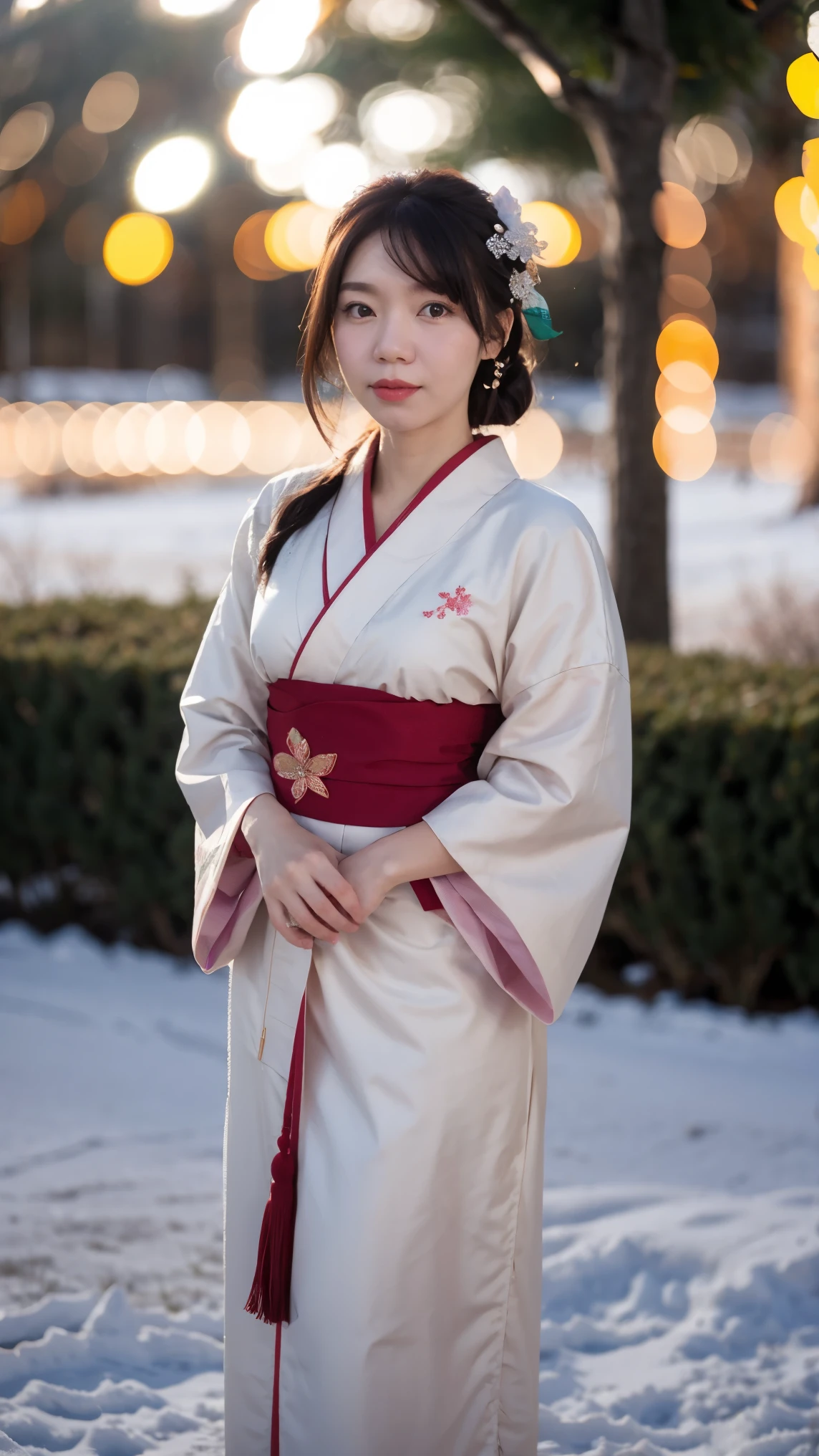 (masterpiece, best quality:1.2), 1girl, solo, thick body, wearing Japanese kimono dress, ParewaFace, standing against snow city, blurry background, depth of field, ((bokeh)), (snow falling)