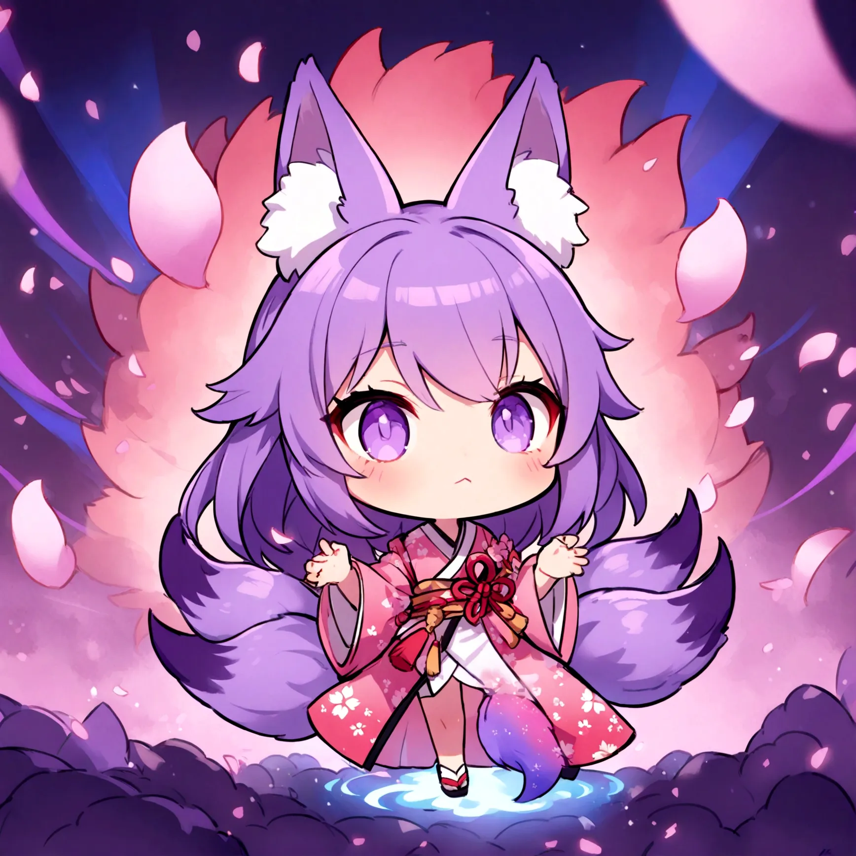 a cute chibi female fox girl with purple hair and multiple purple fox tails in a sakura kimono surrounded by cherry blossoms