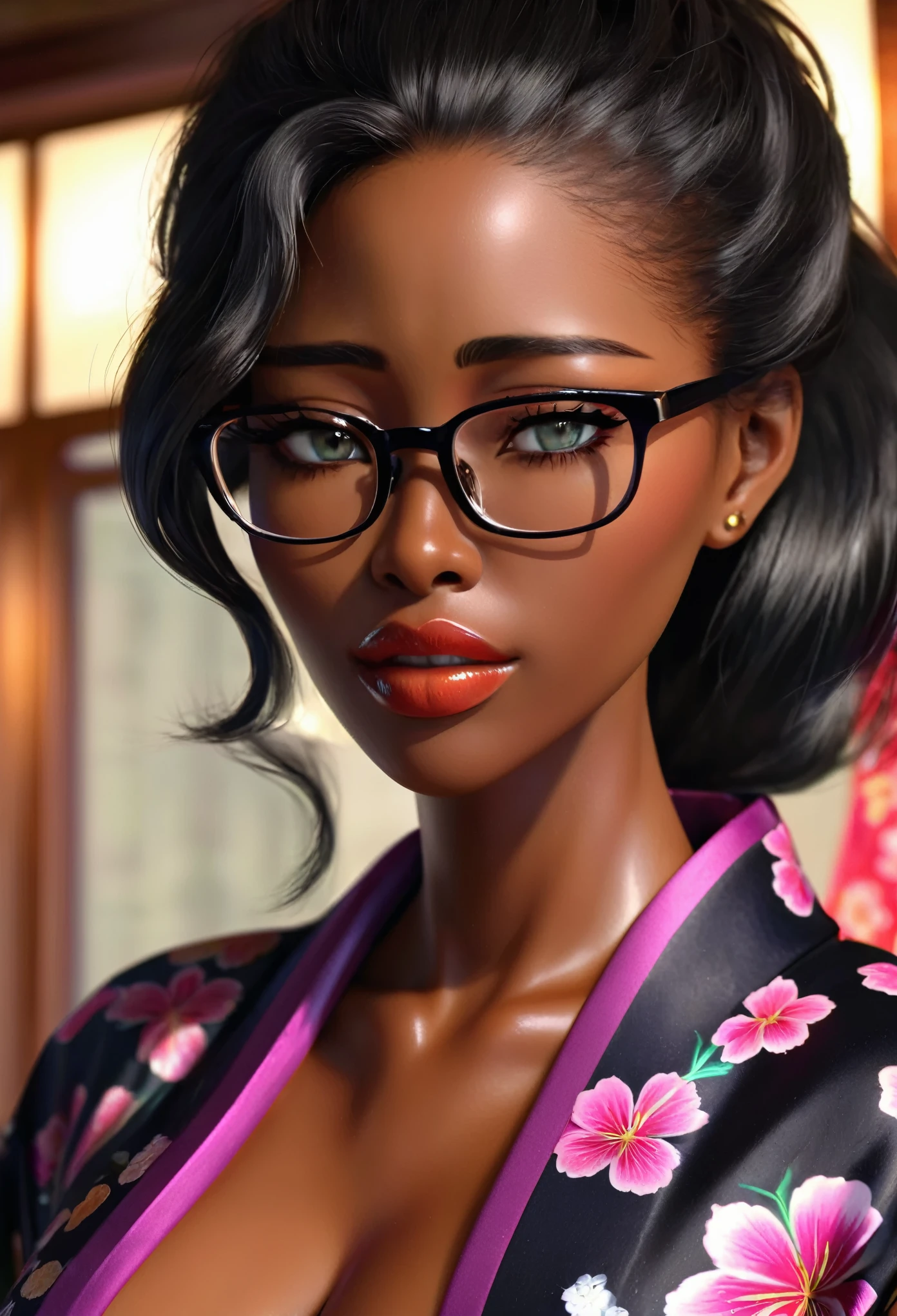 (masterpiece, best quality:1.2),Wavy hair female secretary，Solitary,Wear glasses，Exquisite eyes,Delicate black hair，Charming eye shadow( Black person:1.2)( dark skin:1.2)，african man,( Smooth skin:1.2)( Wear a kimono:1.2)， Slender body proportions，Wet sexy plump lips，Perfect fingers