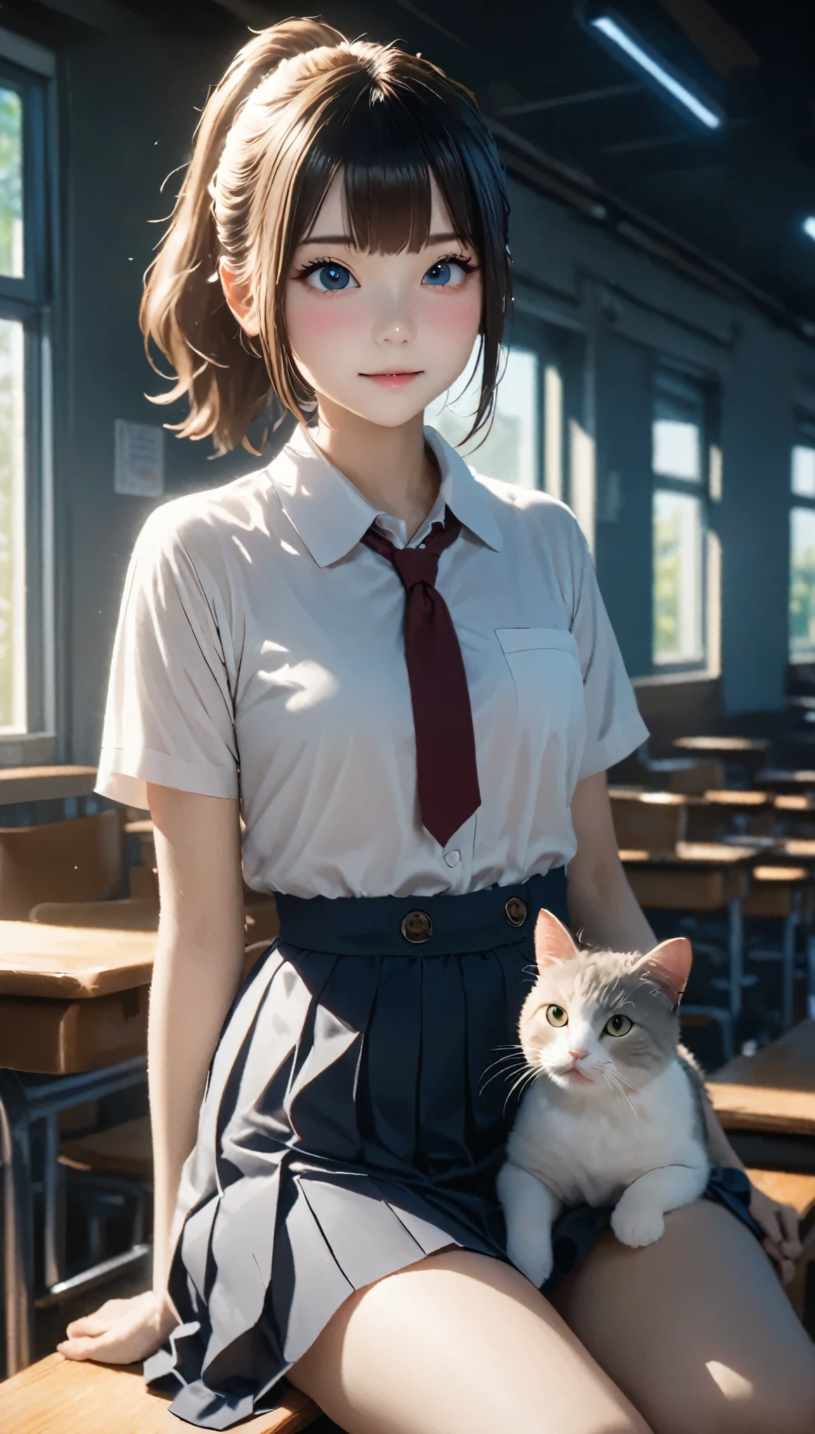 (Tabletop, highest quality:1.2), 8k, 18-year-old, 85mm, Official Art, RAW Photos, Absurd, White dress shirt, Cute Face, close, Upper Body, Viola Lace, Gardenia, beautiful girl, (Dark red tie:1.1)、(Navy Pleated Skirt:1.1), Cinch waist, Thighs, Short sleeve, classroom, ponytail、short hair、short hair、sitting on a bench seat holding a cat, with a cat、 Looking at the audience, No makeup, (smile:0.4), Film Grain, chromatic aberration, Sharp focus, Face Light, Bright lighting, Teen, Detailed face,Cute little surreal cat、Scottish Fold、a bit、Adorable and fluffy、Cinematic Lighting Effects、Charm、Cute and quirky、Fantasy art、Bokeh、Soft lighting、4K resolution、 Photorealistic Rendering、Very detailed、A realistic masterpiece、Professional photography、 ((背景のBokeh,日本の学校のclassroom、classroom、Cherry tree seen from the window))、