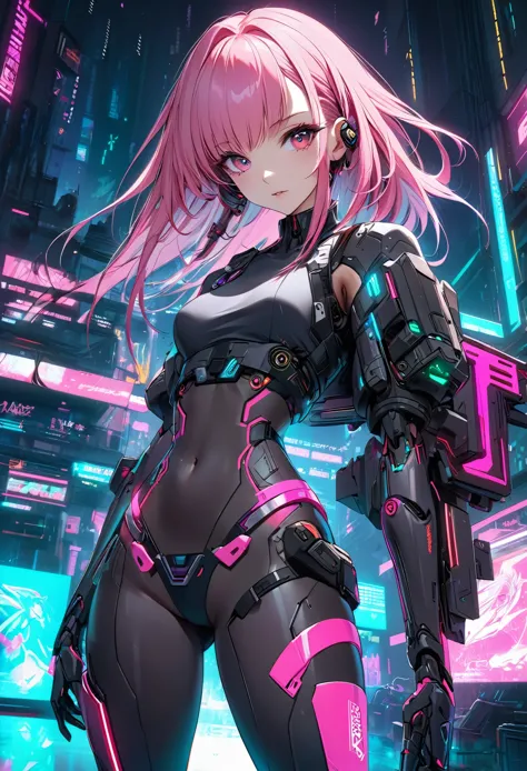Pink haired anime girl in front of a neon background, cyberpunk anime girl, best anime 4k konachan wallpaper, digital cyberpunk ...