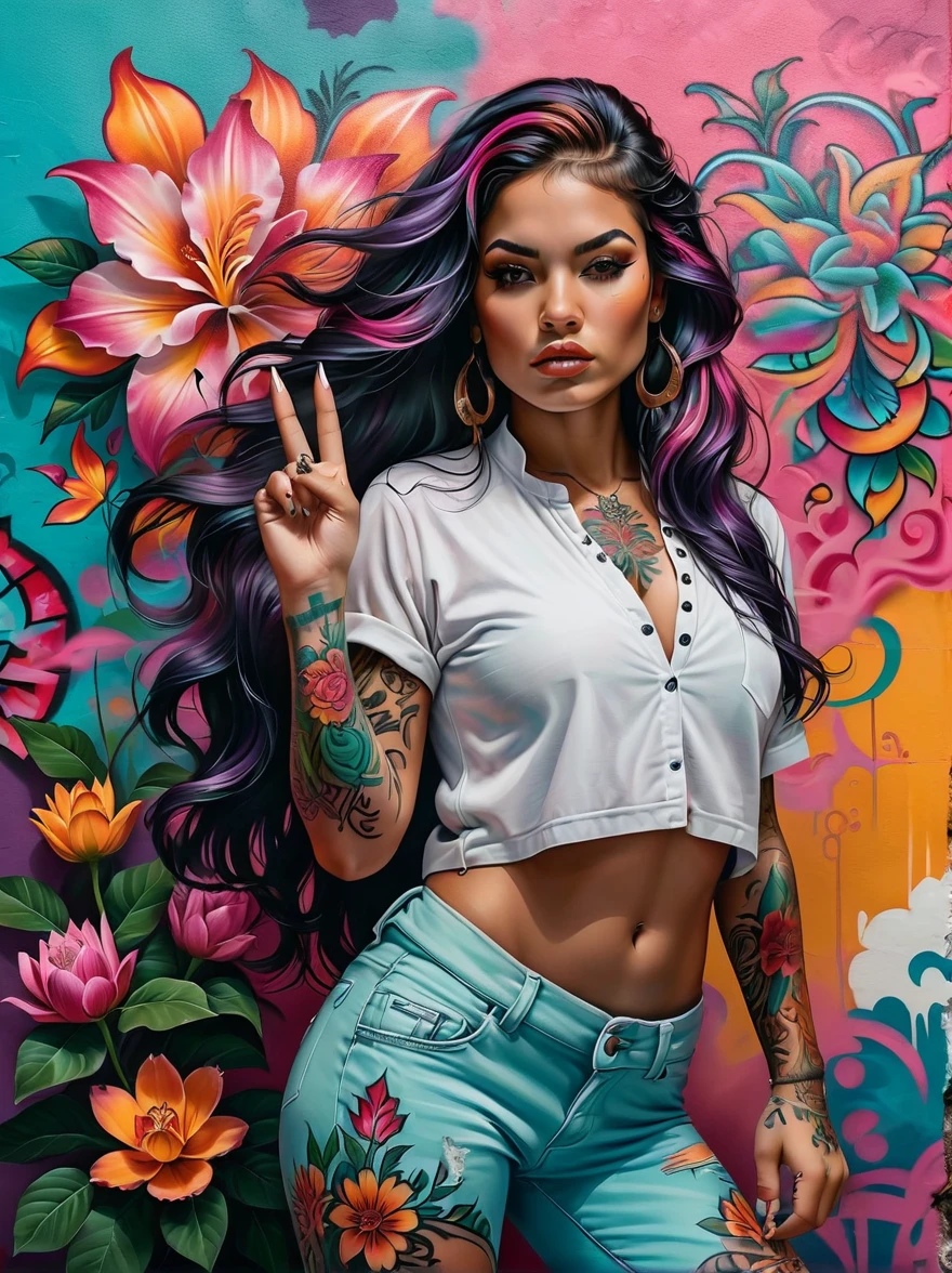 Depict a rebellious woman of Hispanic descent with vibrant tattoos adorning her arms and legs, raising her middle finger in a defiant pose. She has long, flowing hair. Her facial expression showcases her strength. The style should echo that of graffiti art with bold and vibrant colors, incorporating pastel pink, purple, teal, and black. She should be surrounded by intricate and detailed flowers and mandalas. The background should be a clean white, enhancing the edgy and modern feel of the scene. Digital painting techniques with sharp lines and bold brushstrokes should be employed in the creation of this illustration.