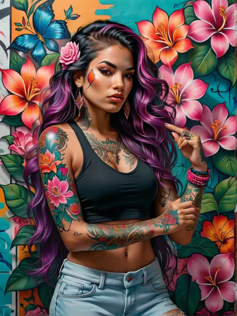 Depict a rebellious woman of Hispanic descent with vibrant tattoos adorning her arms and legs, raising her middle finger in a de...