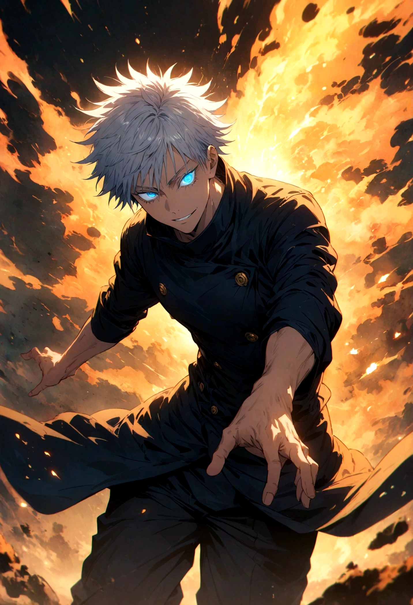 (1 male,satoru gojo,jujutsu kaisen,Gray Hair,Spiky hair),(Gojo Satoru Costume Details:Black clothes with a high collar,Black blindfold), (Infinite Emptiness)Draw a scene from,BREAK,(Lift the blindfold to reveal one eye:Blue Eyes:A pale flame rises from your eyes:Pale-white flame effect rising from one eye,Eye details:The look in the man&#39;s eyes as he prepares to unleash his special move),BREAK,Put one hand forward,Cynical smile,,tall,A highly likeable male character,Rising Energy,Ishida Midori Style,I was impressed by Yoshihiro Togashi.,,Intricate details,Wind,Impressive illustration work,Decadent,artwork,Perfect Anatomy,Anatomically correct,,Dynamically,nice,wonderful,Dark fantasy,Light and Darkness,Coming this way,(masterpiece:1.3),(highest quality:1.4),(ultra detailed:1.5),High resolution,extremely detailed,unity 8k wallpaper