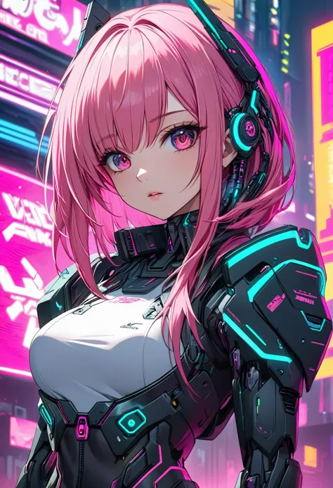 Pink haired anime girl in front of a neon background, cyberpunk anime girl, best anime 4k konachan wallpaper, digital cyberpunk ...