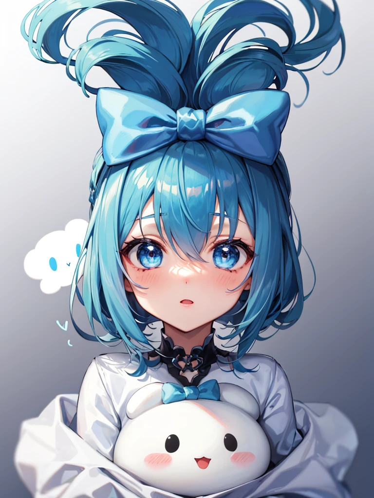 1girl, solo, , blue hair, blue eyes, hair rings, hair bow, blue bow, (cinnamoroll, tied ears),, (((light blue long hair))), long hair cute anime faces,tareme, hair_behind_ear, (chibi_style:1.2),Background bubbles
(chibi),