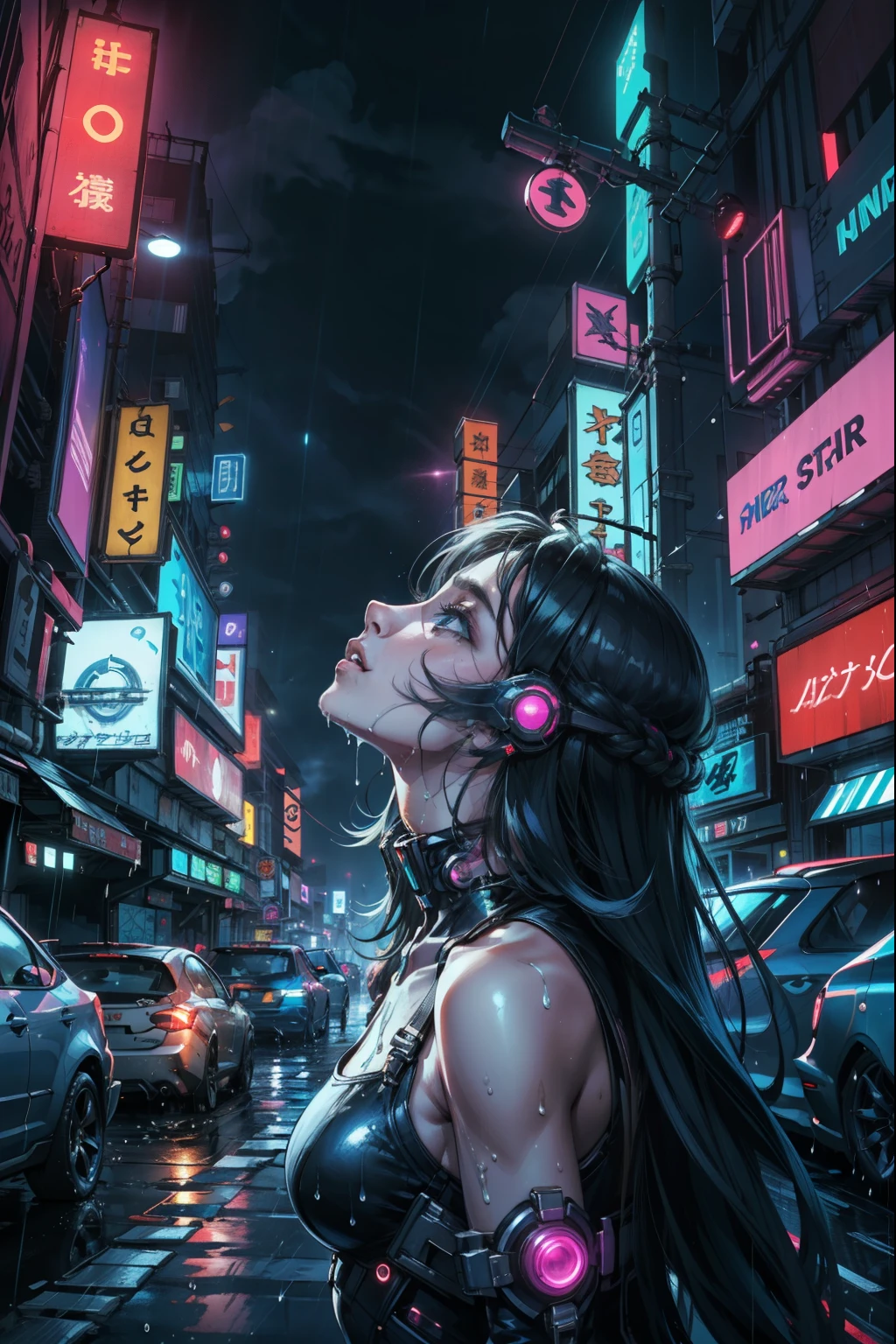 (obra de arte, melhor qualidade:1.2), Sozinho, 1 garota, estética cyberpunk, Luzes da cidade de néon, noite, Cidade esfumaçada, adolescente, Olhando para o céu pensativamente, chovendo, molhado,  ,