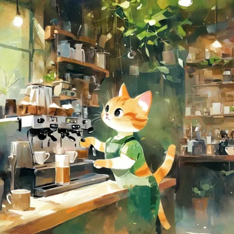 Cat being a barista,in coffee shop,