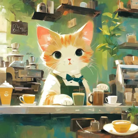 cat being a barista,in coffee shop,