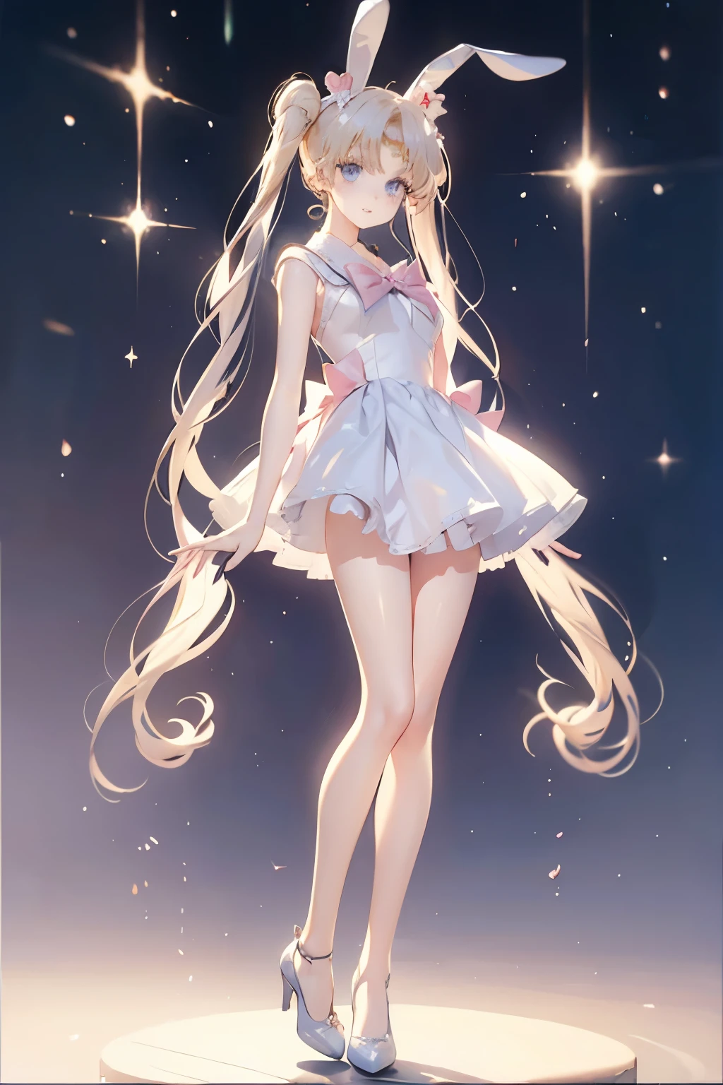 Tsukino Usagi, cheveux blond, yeux bleus, oreilles de lapin, Déguisement de lapin, femme, Belle fille, arcs, talons, kemonomimi, cheveux longs, Tenue de lapin Playboy, shoes two arcs, deux nattes, usagimimi