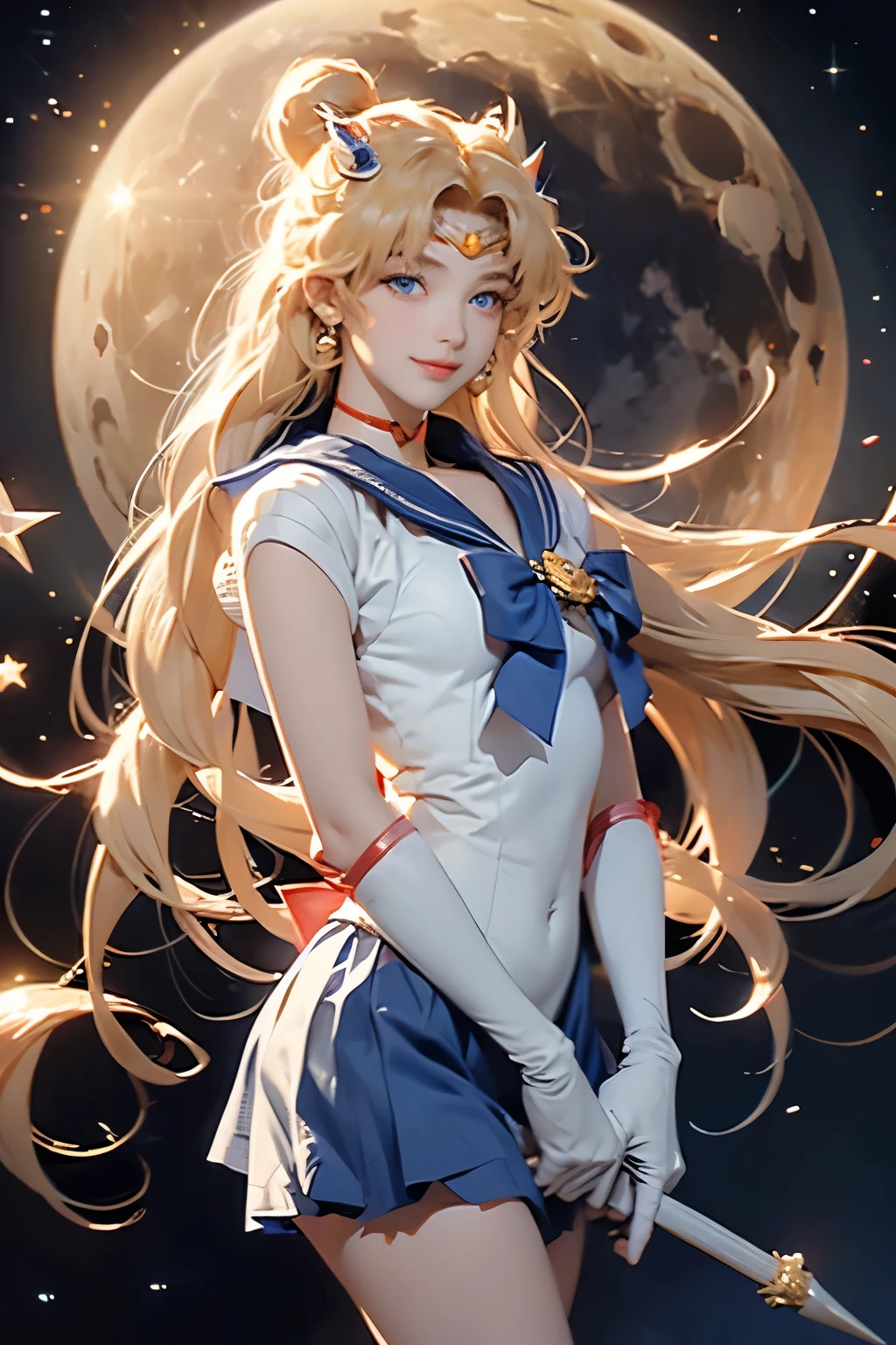 sailor moon, 1 girl, blue eyes, long blonde hair, sailor suit, moon tiara, holding a moon stick, stading on the moon, earth in the background, space, stars, confident smile.