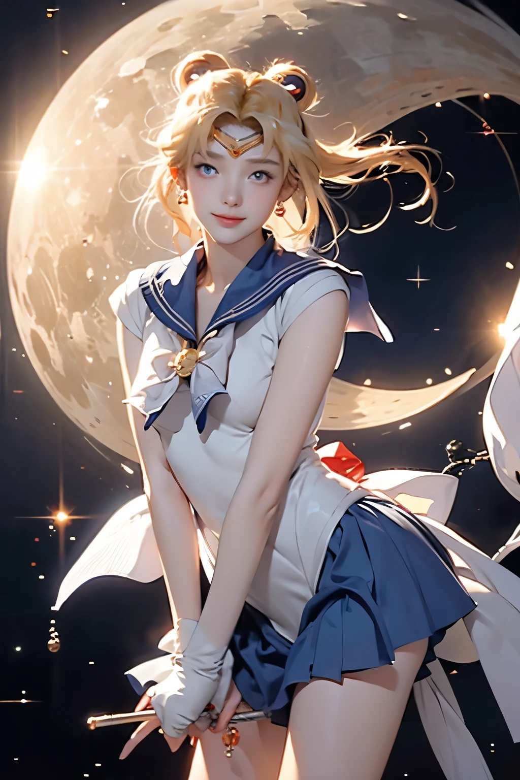 sailor moon, 1 girl, blue eyes, long blonde hair, sailor suit, moon tiara, holding a moon stick, stading on the moon, earth in the background, space, stars, confident smile.