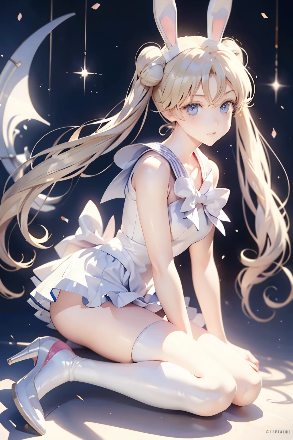 Tsukino Usagi, cabelo loiro, olhos azuis, orelhas de coelho, Fantasia de coelho, mulher, garota linda, arcos, salto, kemonomimi, cabelo longo, Roupa de coelhinha da Playboy, shoes two arcos, duas tranças, usagimimi