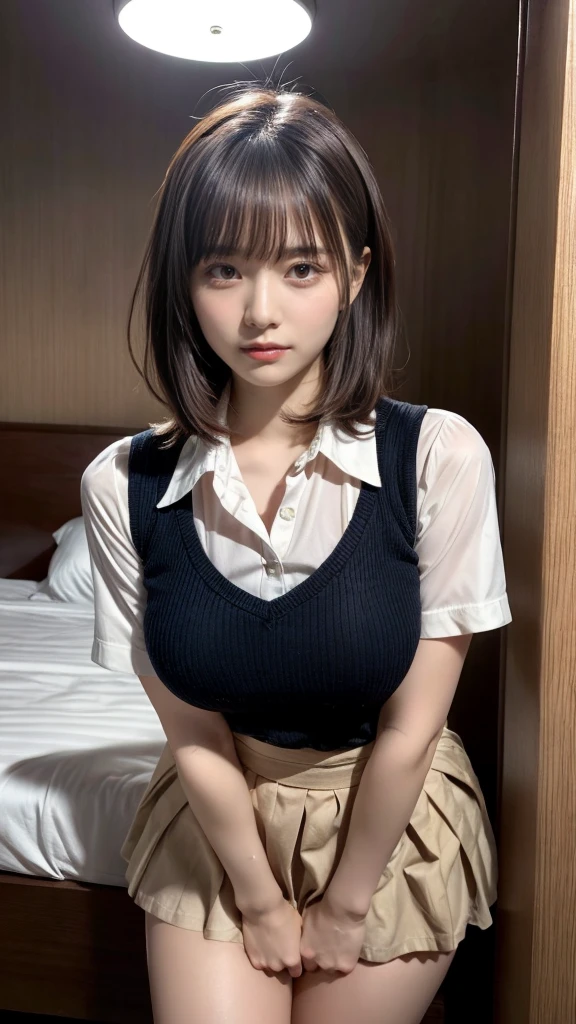 masterpiece, best quality, illustration, Super detailed, fine details, High resolution, 8K,wall paper, perfect dynamic composition,(Details High quality, realistic depiction of eyes:1.3), standing, (collared shirt:1.1), pleated skirt, short bob hair、black hair color, Big Natural Color Lip, bold sexy pose, crying a little、acrobatic pose, 20 year old girl、cute type、lolita、beautiful legs, hotel room, gravure idol, Voluptuous thighs, huge breasts, Don't expose it