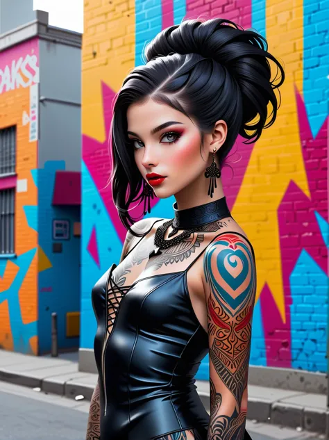 Punk style, Fantasy Gothic, 1girl, A Middle Eastern girl, Princess，Skin covered with brightly colored tattoos，Her beauty is mesm...