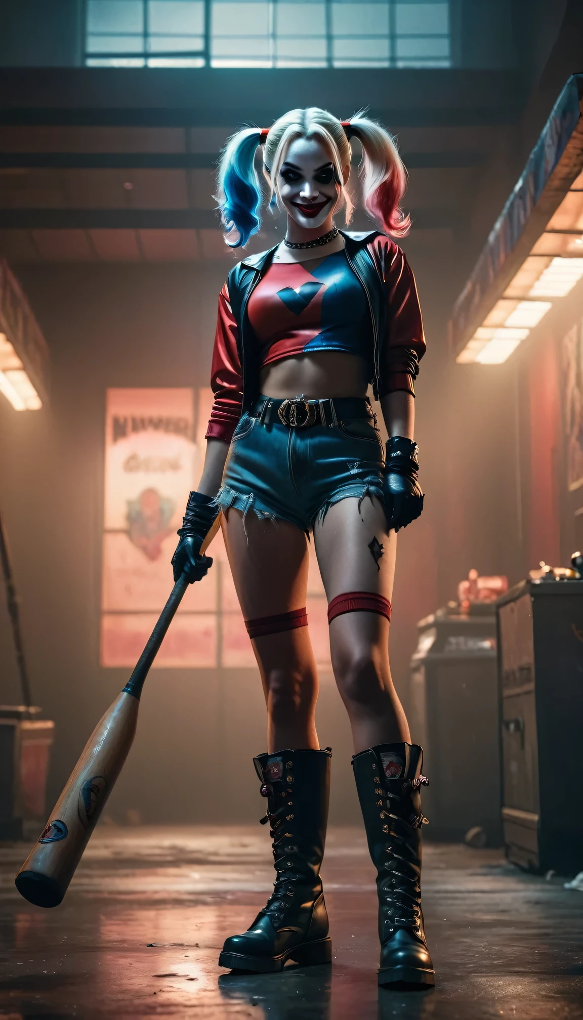 The Harley Quinn with a cheeky grin is staring at me, punk clothing, Pointy-scalped boots, Baseball bat, dramatic lighting, cinematic composition, muted color palette, moody atmosphere, masterpiece, 8k, photorealistic, high quality