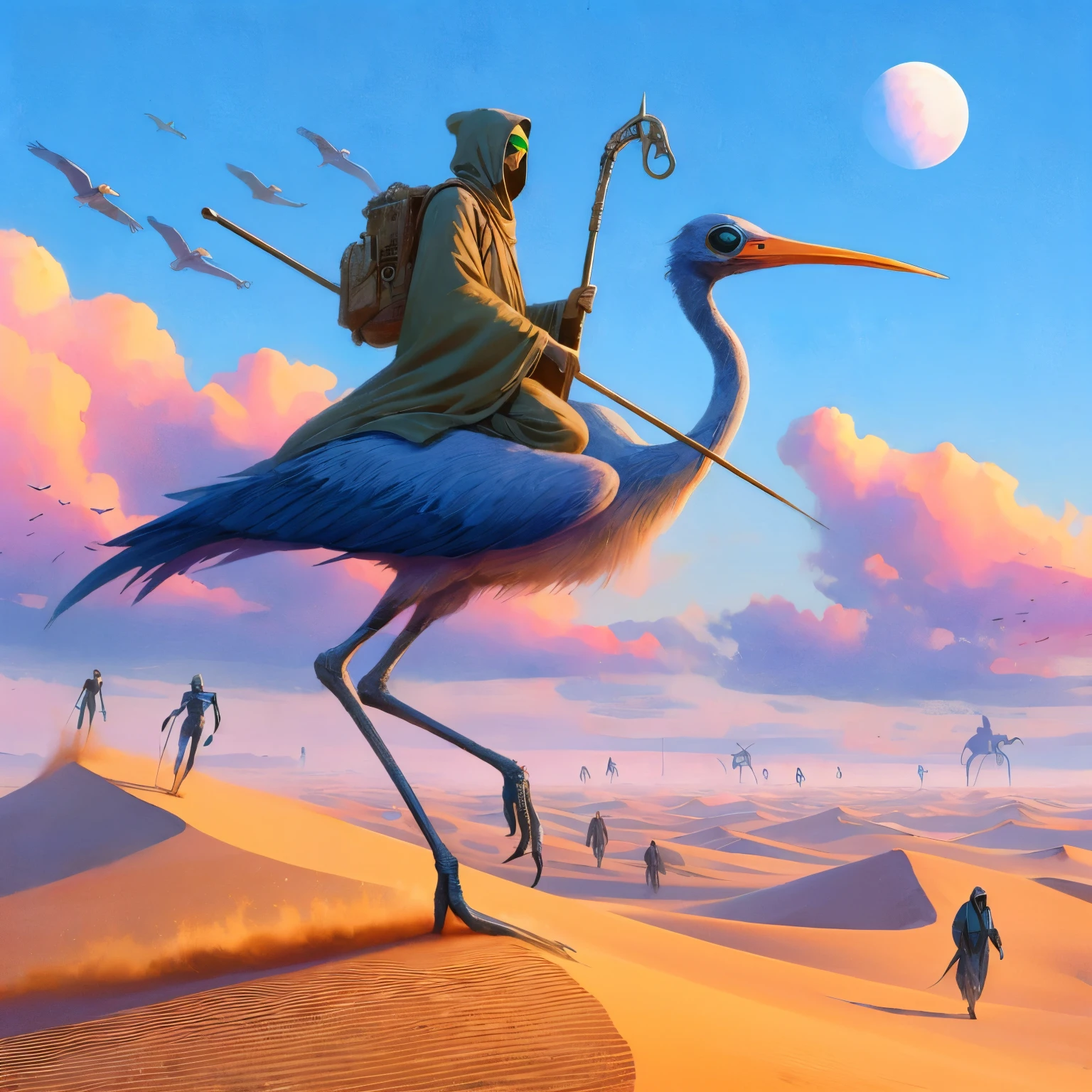 Planète de sable de cavalier du désert mille et un mille de dunes de sable chevauchant le dos d&#39;un oiseau extraterrestre semblable à un très grand héron bleu, Le cavalier du désert porte une longue cape et ce qui ressemble à des lunettes extraterrestres et un poncho à enfiler pour la pluie., il tient un long bâton de perçage en équilibre, semblable aux fusils longs Old West, au loin tu vois des hommes extraterrestres se faufiler seuls à l&#39;horizon, ciel bleu, nuages blancs gonflés touchés par des teintes roses et oranges, soleil de midi, des nuages orageux commencent à se former,