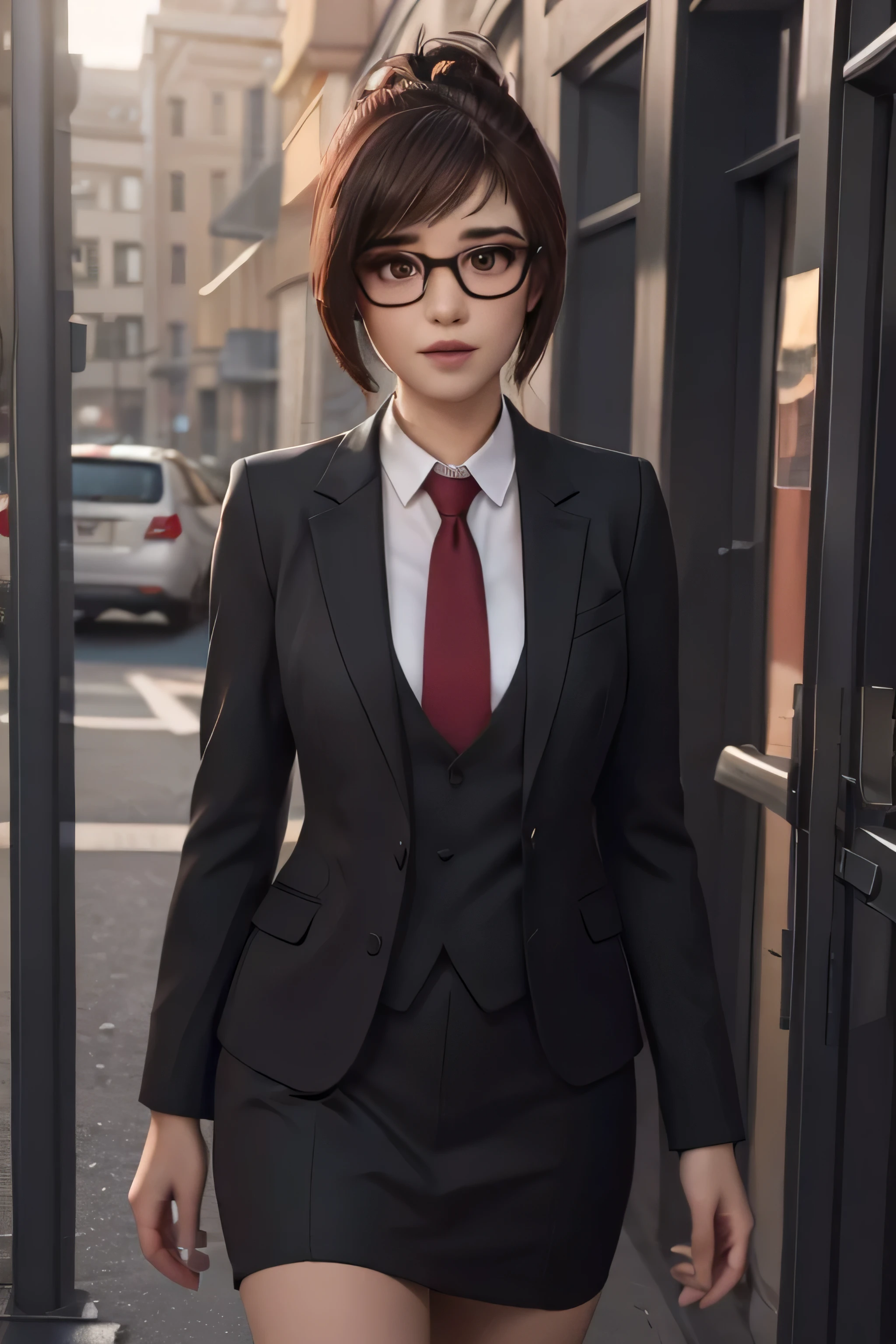 realistic, realism, photorealism, photo-realistic, high contrast, (photorealistic:1.4), 8k high definition detailed realistic,  (best quality, masterpiece:1.2),  photon mapping, radiosity, physically-based rendering, best quality, highly detailed, 1girl, owmei, cream skirt suit, suit and tie, (((three-piece suit))), silk dress shirt, shirt and tie, (((maroon necktie))), ((blazer)), ((suit jacket)) ((waistcoat)), ((bodycon pencil miniskirt)), formal, business, red lipstick, smile, hair bun, glasses, sitting, (((high collar)))