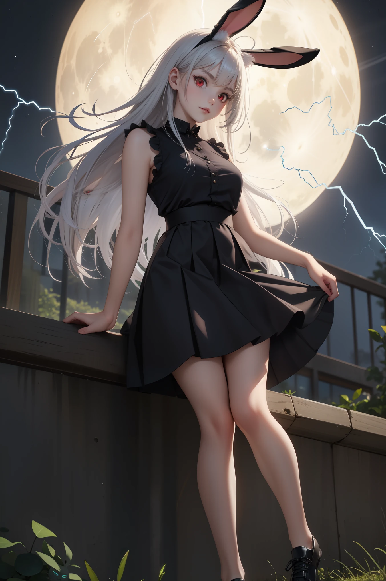 professionally drawn art , a pretty woman demonic rabbit, his power is electricity, a long platinum hair, crimson red eyes,white fur, rabbit nose, a short white sleeveless blouse, short dark blue skirt,dark shoes,dark night a full moon, silver glow.