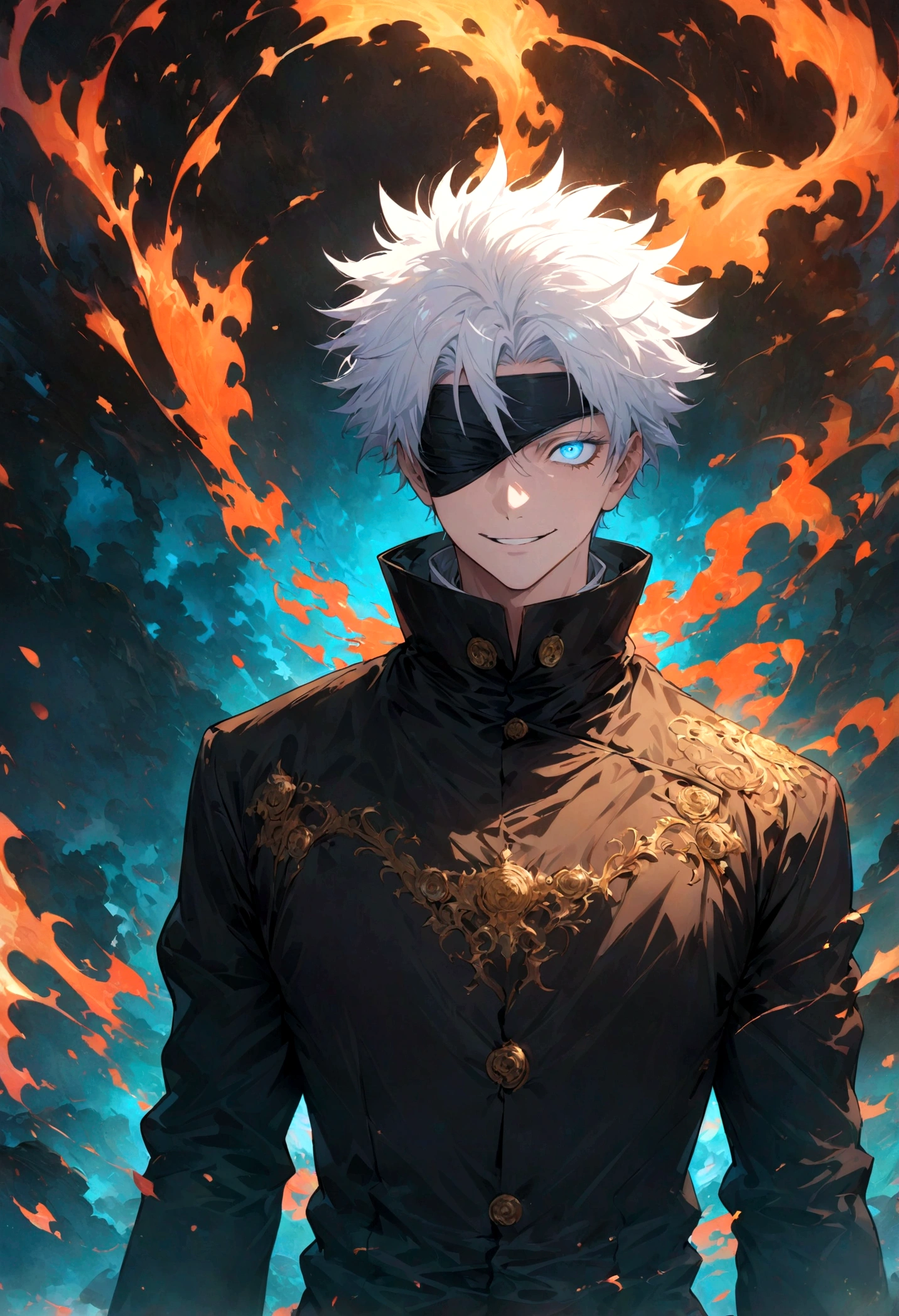 (1 male,satoru gojo,jujutsu kaisen,Gray Hair),(Gojo Satoru Costume Details:Black clothes with a high collar,(Black blindfold)), (Infinite Emptiness)Draw a scene from,BREAK,(Lift the blindfold to reveal one eye:Blue Eyes:A pale flame rises from your eyes:Draw the details of the eyes:The look in the man&#39;s eyes as he prepares to unleash his special move),BREAK,,Cynical smile,,Gojo is a tall adult male.,A highly likeable male character,Rising pale energy,Ishida Midori Style,I was impressed by Yoshihiro Togashi.,Black, white and blue as main colors,Intricate details,Wind,Impressive illustration work,Decadent,artwork,Perfect Anatomy,Anatomically correct,,Dynamically,nice,wonderful,Dark fantasy,Light and Darkness,Coming this way,(masterpiece:1.3),(highest quality:1.4),(ultra detailed:1.5),High resolution,extremely detailed,unity 8k wallpaper,Close-up shot