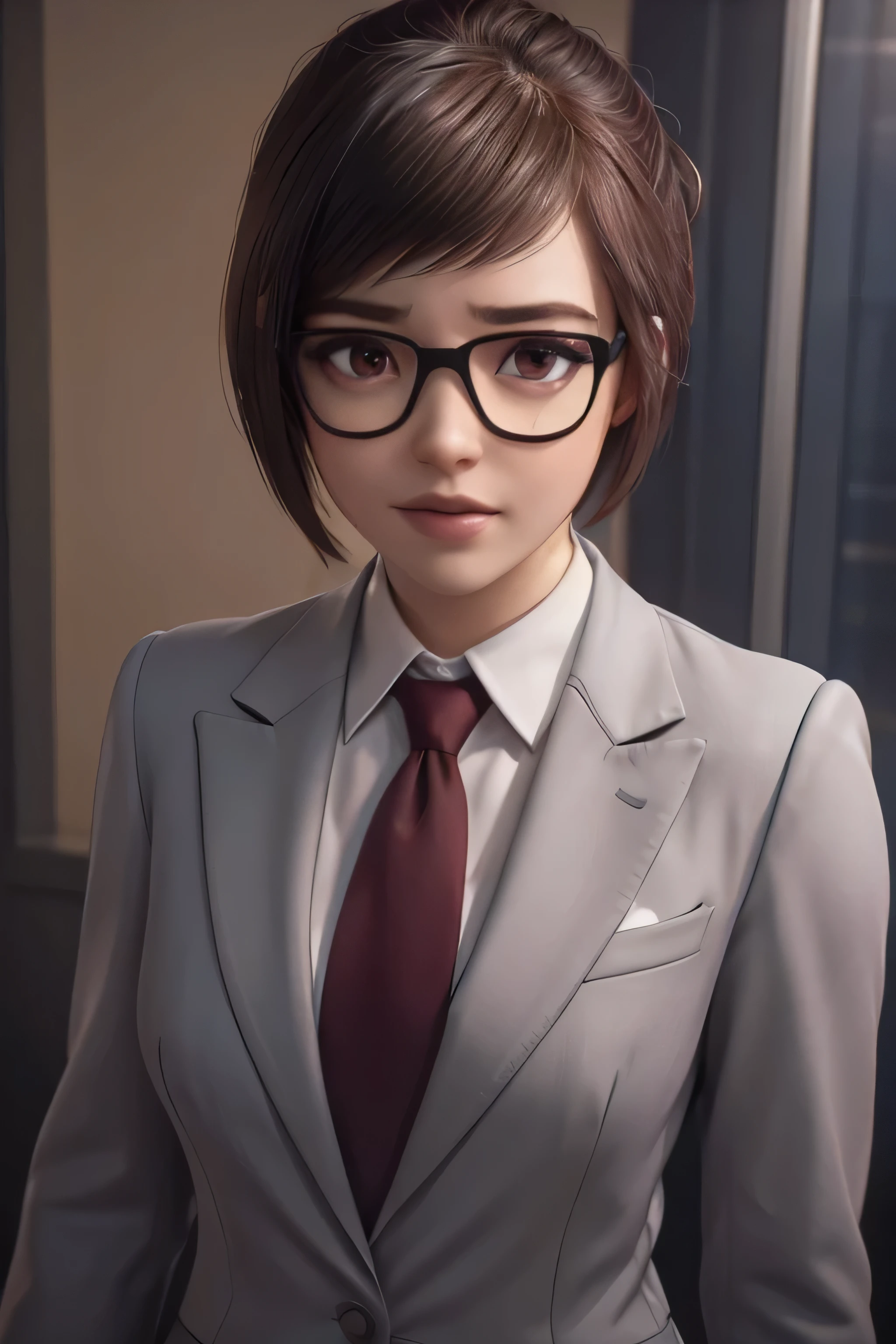 realistic, realism, photorealism, photo-realistic, high contrast, (photorealistic:1.4), 8k high definition detailed realistic,  (best quality, masterpiece:1.2),  photon mapping, radiosity, physically-based rendering, best quality, highly detailed, 1girl, owmei, cream skirt suit, suit and tie, (((three-piece suit))), silk dress shirt, shirt and tie, (((maroon necktie))), ((blazer)), ((suit jacket)) ((waistcoat with lapel)), ((bodycon pencil miniskirt)), formal, business, red lipstick, smile, hair bun, glasses, sitting, (((high collar))), (((tailored bespoke suit))), hair pin