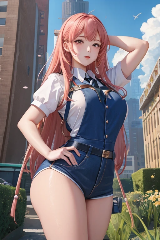 fantastic realism，The female giant bravely enters the Lilliputian country，高度Detailed footage of the giantess，Detailed footage of the giantess，giantess art，schoolgirl，Short sleeve，（（（many villains，at work）））