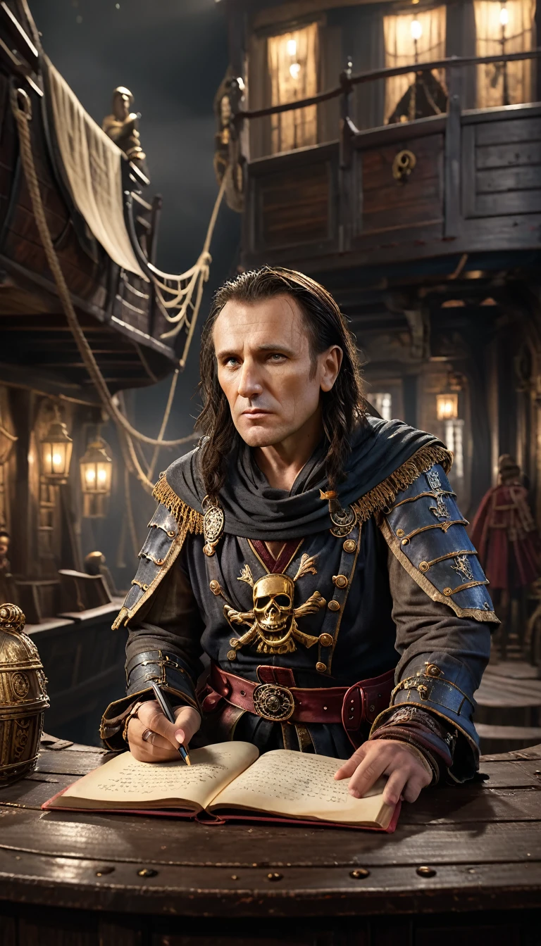 Cinematic style, Julius Caesar writing poetry on a pirate ship, background dark, hyper realistic, ultra detailed hyper realistic, photorealistic, Studio Lighting, reflections, dynamic pose, Cinematic, Color Grading, Photography, Shot on 50mm lens, Ultra-Wide Angle, Depth of Field, hyper-detailed, beautifully color, 8k, golden light from the front,