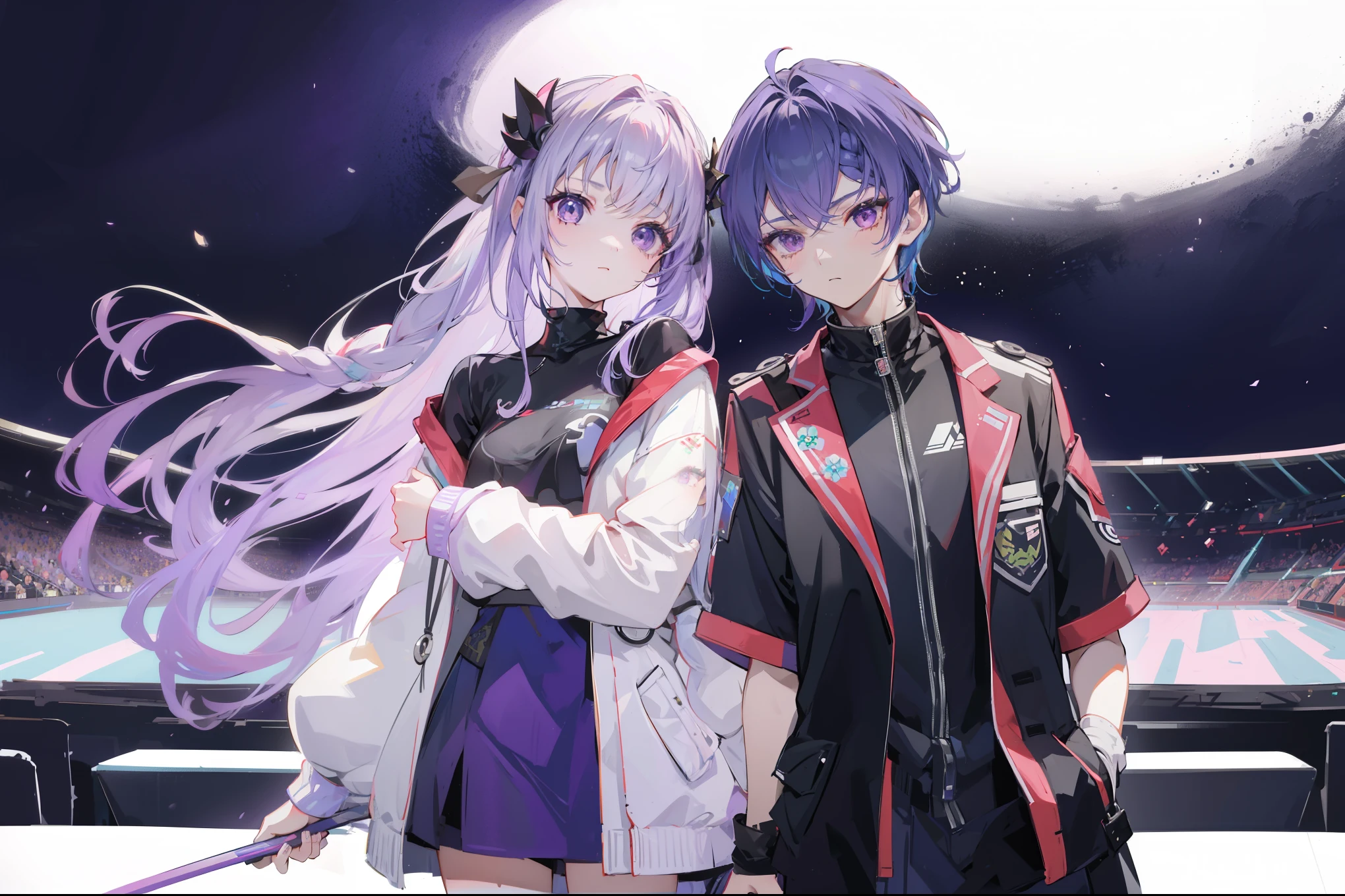 (1 boy, 1 little girl)，couple, yinji, Purple Eyes, purple gradient hair, Braid, Hair accessories, Weaving, twin Weaving, long hair, Cute expression, Handsome, short, (Game hall, E-sports atmosphere, Blue and Green, Esports elements), List of available roles,Men&#39;s Hairstyles, Unique character design,