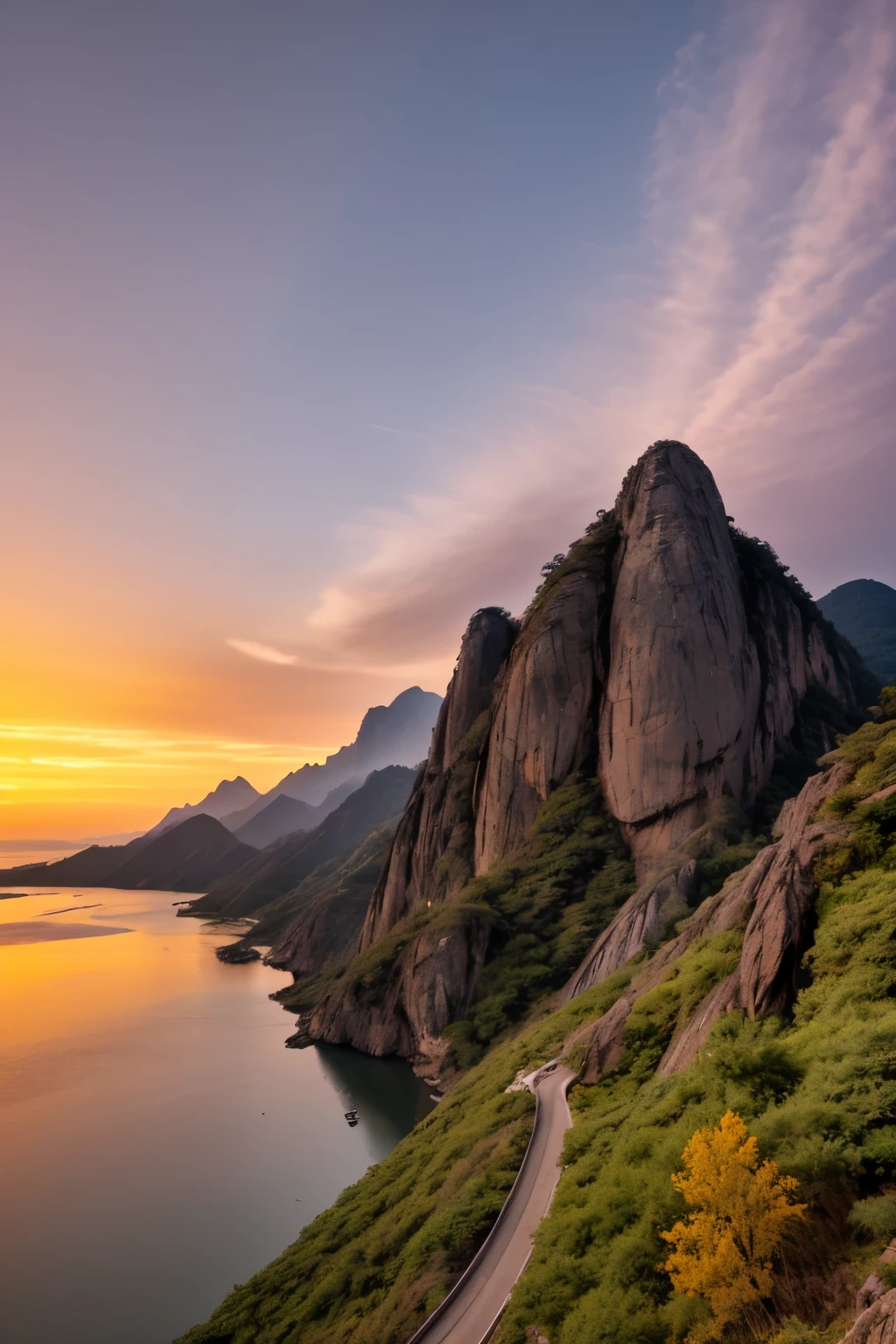 Guanzhong Plain，Huashan Mountain with Weihe River as background，Telephoto wide angle，Guanzhong Swordsman，side，Holding a three-foot Guanshan knife，The setting sun is like fire，The forest is full of colors